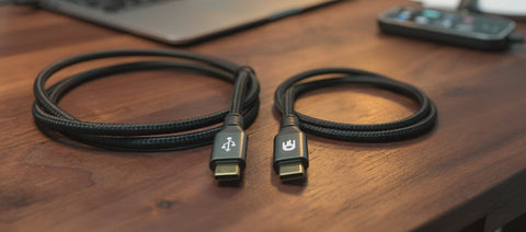 Twee zwarte gevlochten USB-C kabels van Drivv. op een houten bureau, met een laptop en telefoon op de achtergrond