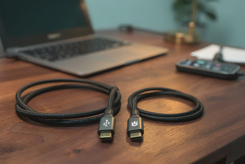 Twee gevlochten USB-C naar USB-C kabels van Drivv. op een houten bureau, met een laptop op de achtergrond