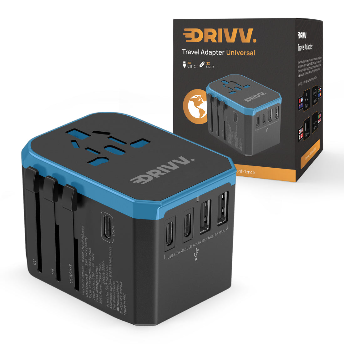 Universele Wereldstekker - 2x USB & 3x USB C Fast Charge