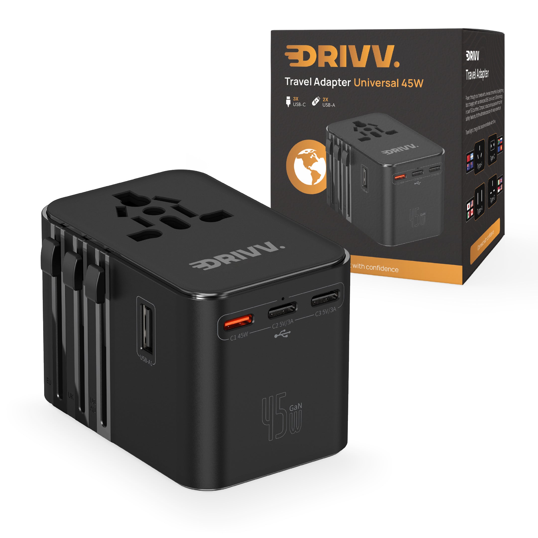 Universele Wereldstekker - 2x USB & 3x USB C 45W Fast Charge