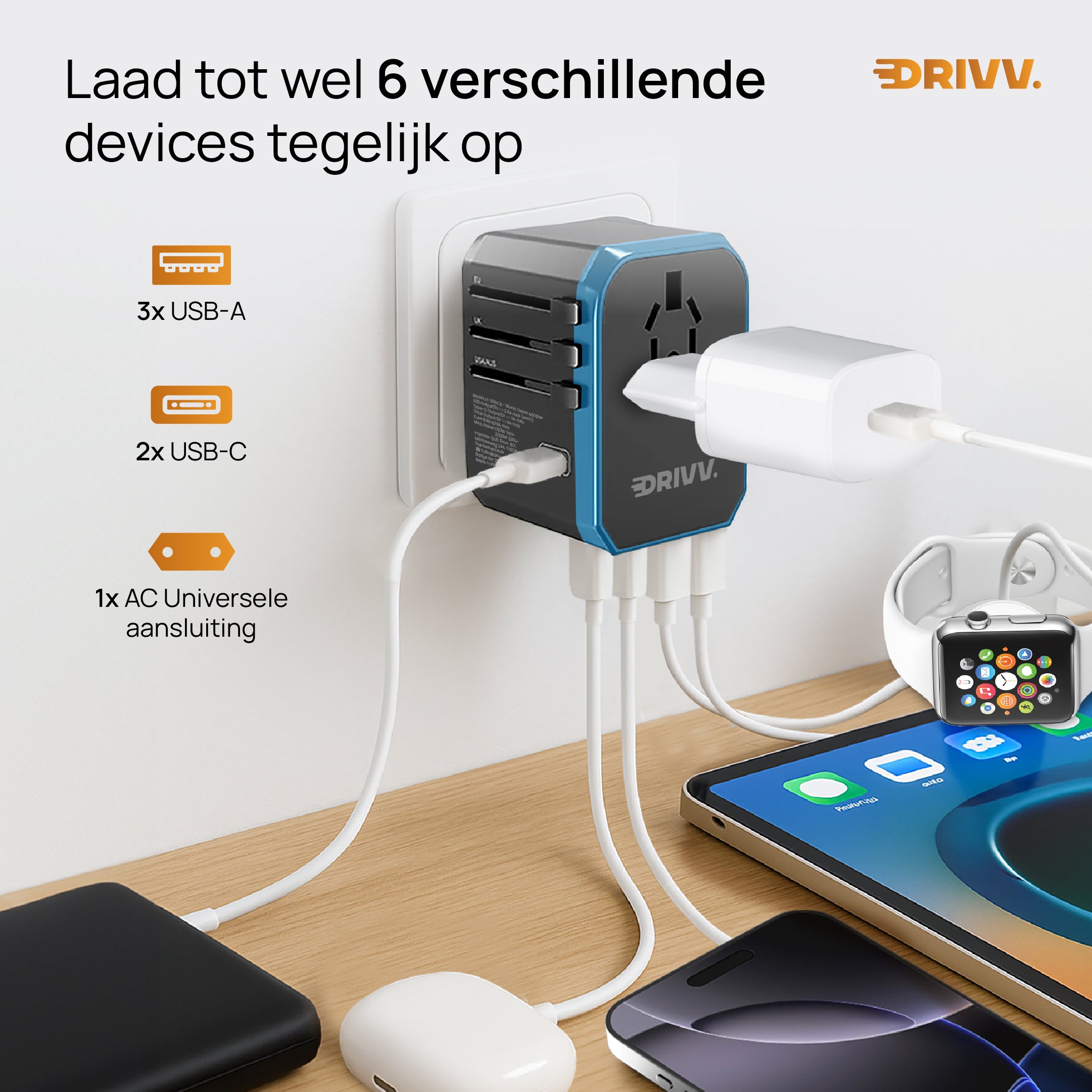 Universele Wereldstekker - 2x USB & 3x USB C Fast Charge