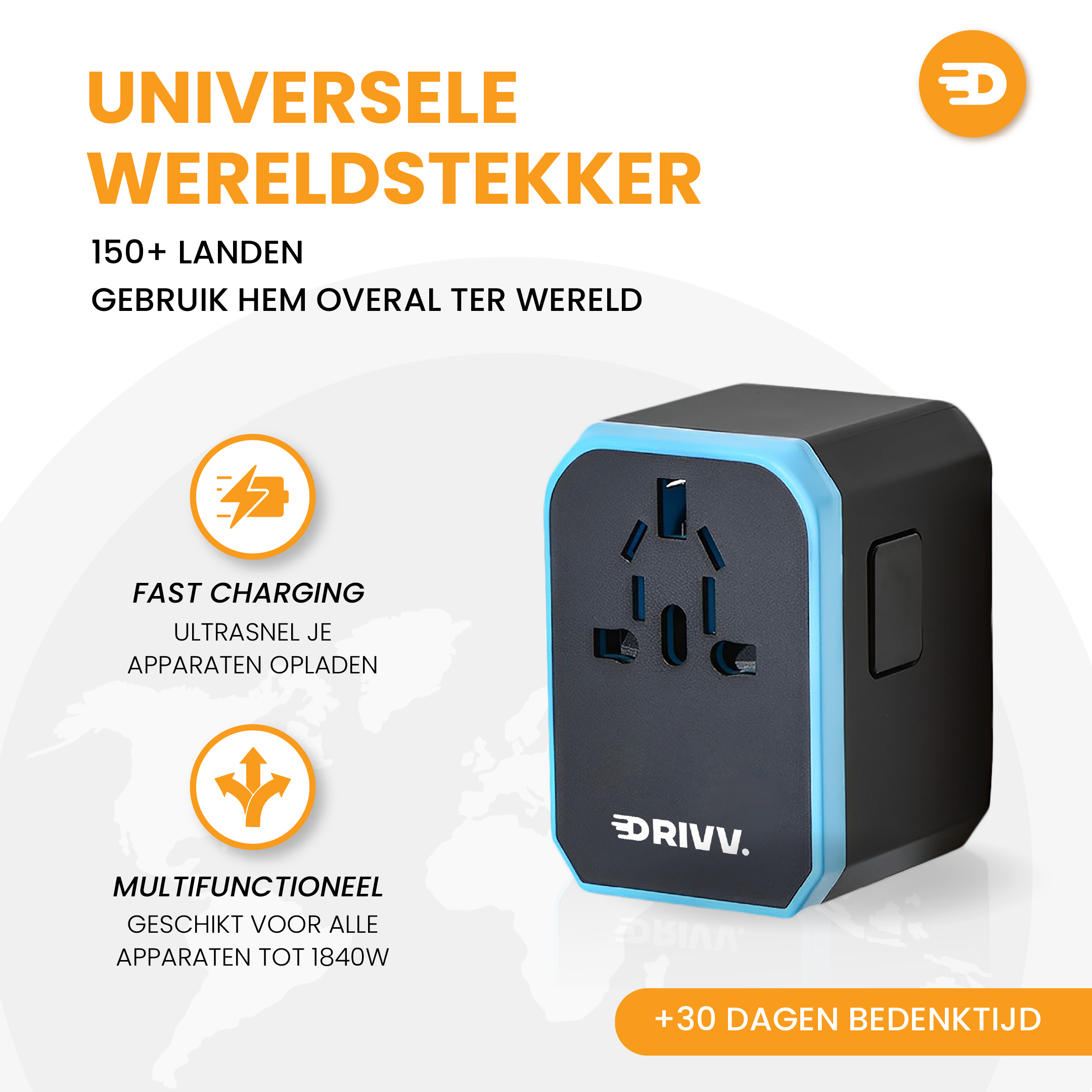 De Drivv Universele Wereldstekker (zwart/blauw) met 4x USB & 1x USB C Fast Charge is wereldwijd te gebruiken in 150+ landen. Inclusief pictogrammen, NL-instructies over multifunctionaliteit en 30 dagen retour.