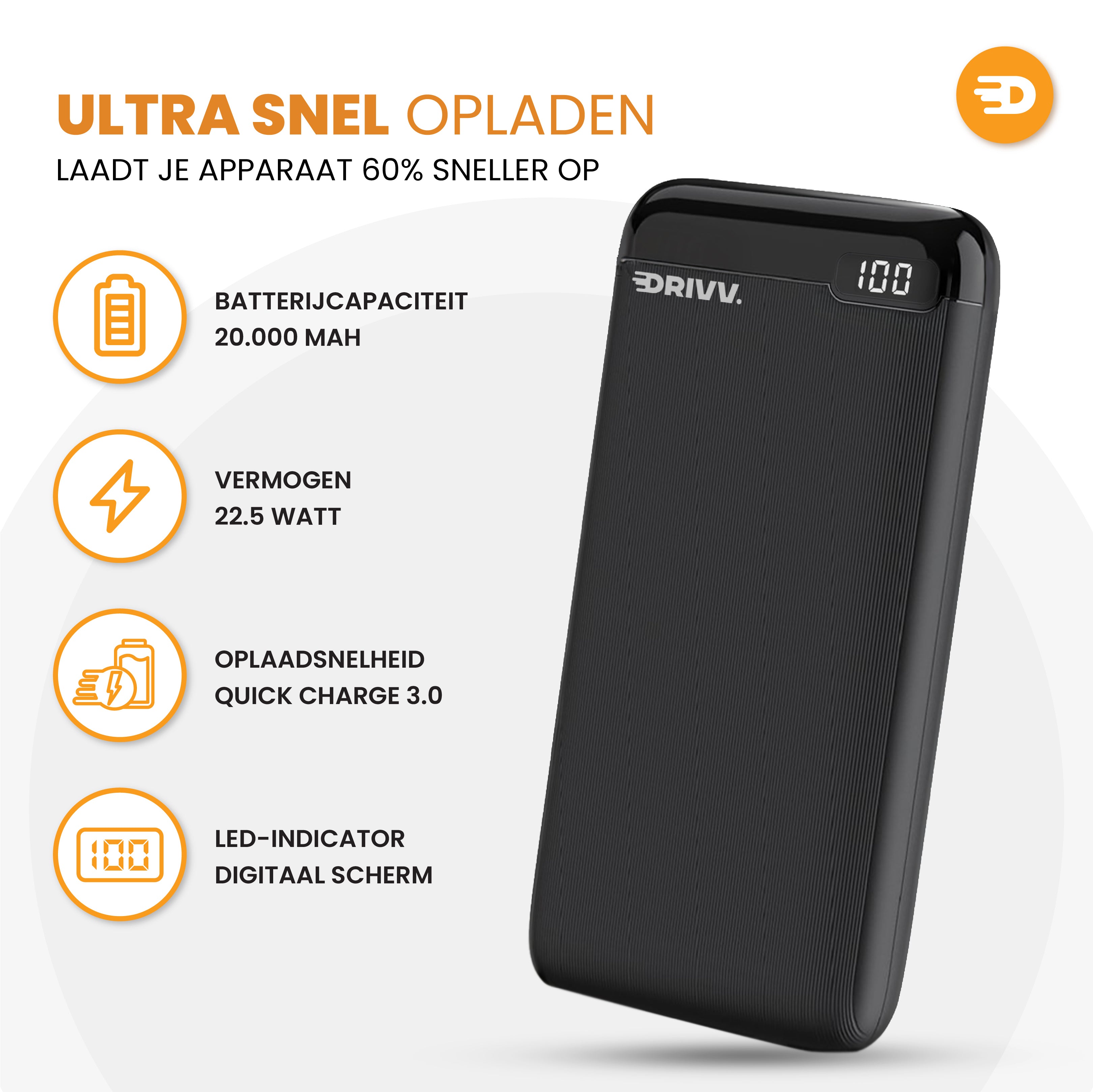 Powerbank 20.000 mAh - LED Display - 22.5W snellader