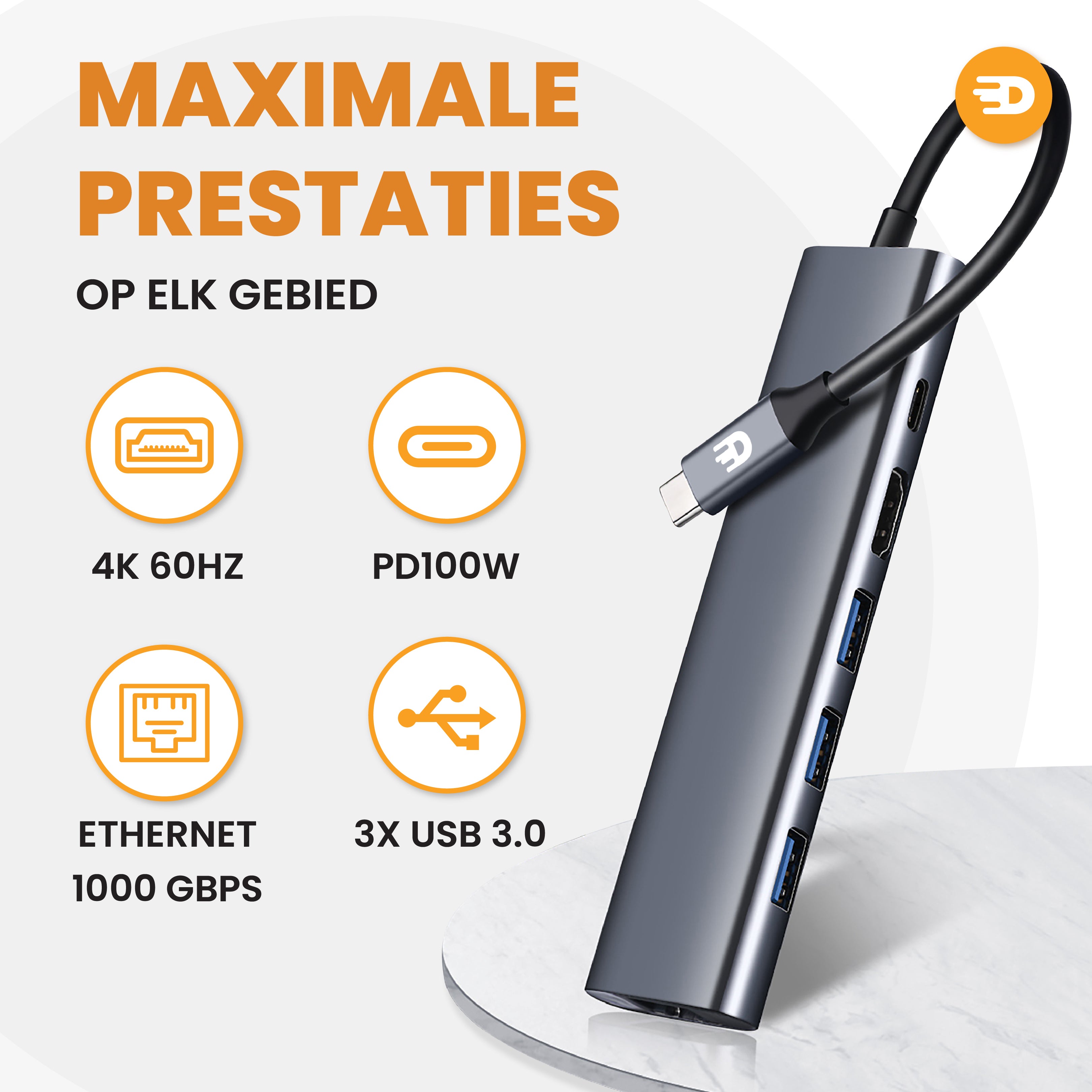 Premium USB C Hub 6 in 1 - 4K 60Hz - 1000MB ps - 100W