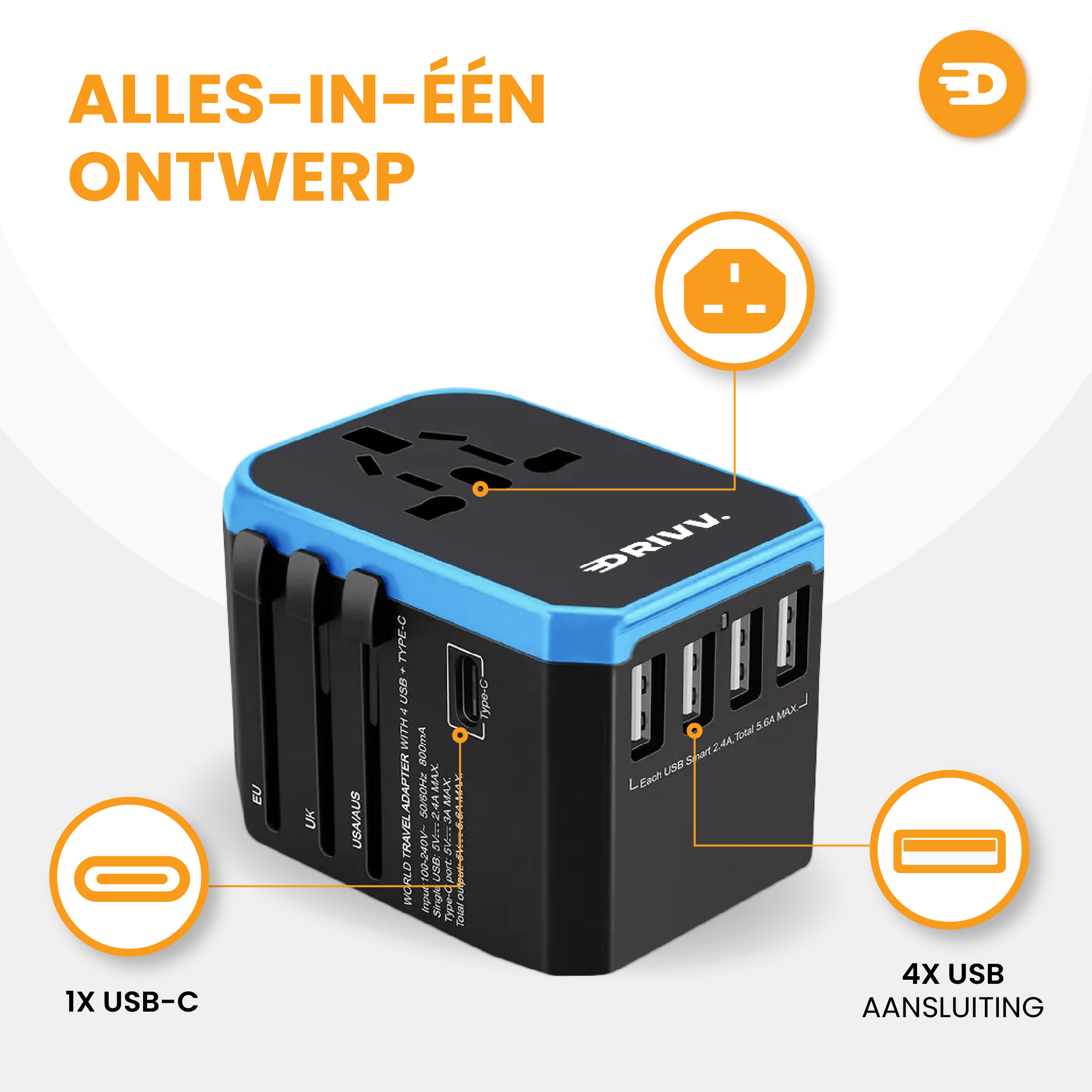 De Drivv. Universele Wereldstekker heeft een blauwe bovenkant, 4 USB-poorten, 1 USB-C Fast Charge Ultra Snellader en ondersteunt wereldwijde verbinding. De Nederlandse tekst benadrukt het alles-in-één ontwerp en de Fast Charge Technologie.