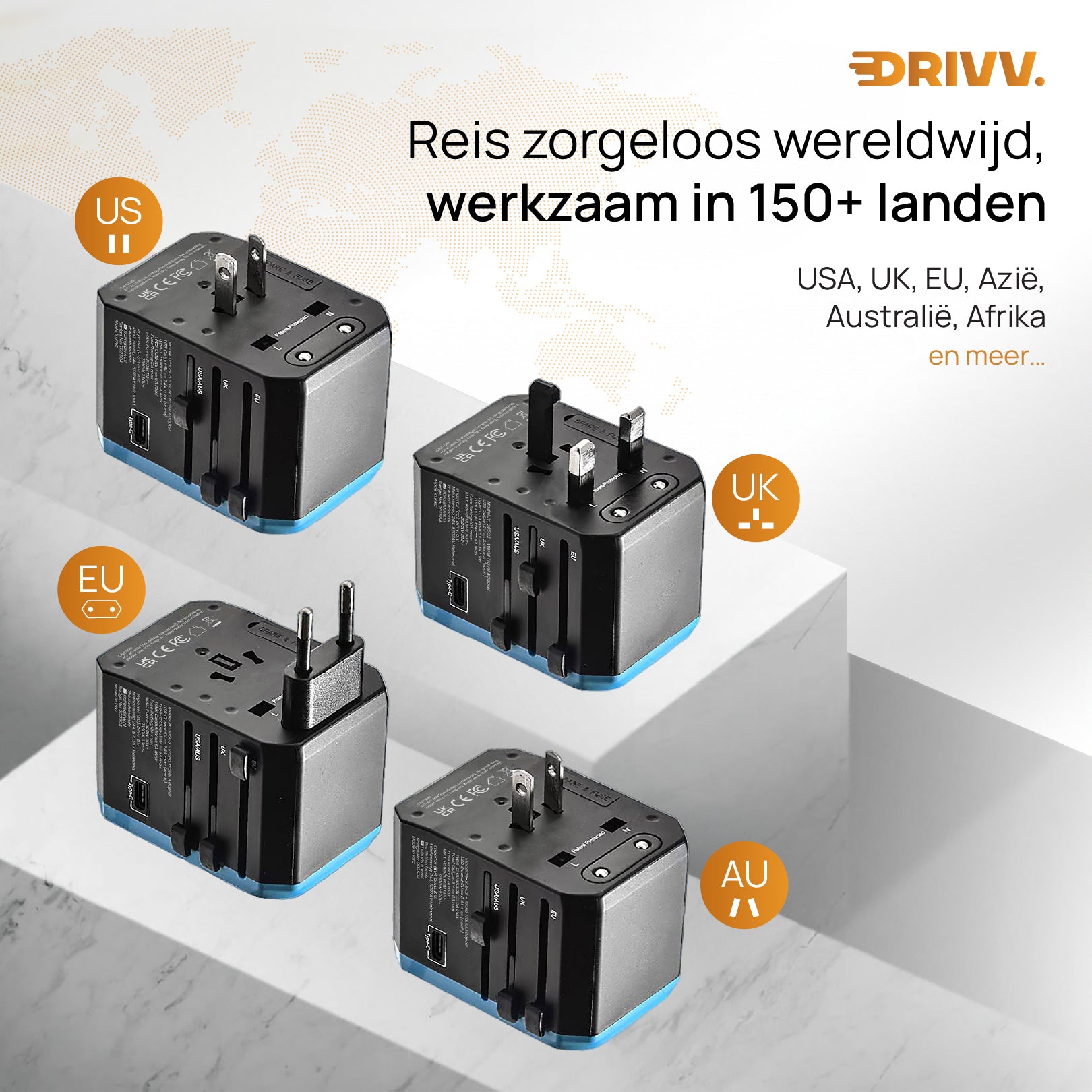 Universele Wereldstekker - 2x USB & 3x USB C Fast Charge