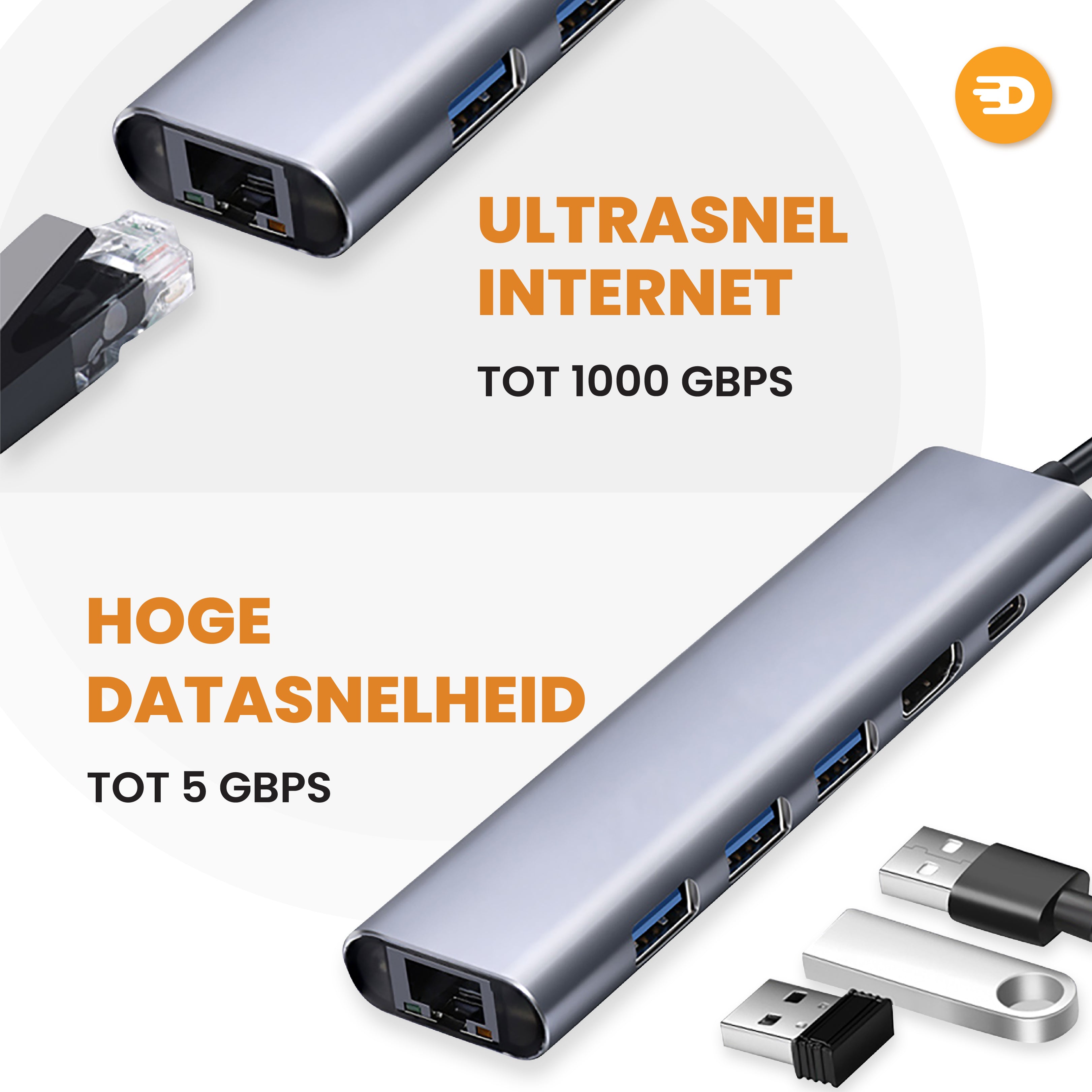 Premium USB C Hub 6 in 1 - 4K 60Hz - 1000MB ps - 100W
