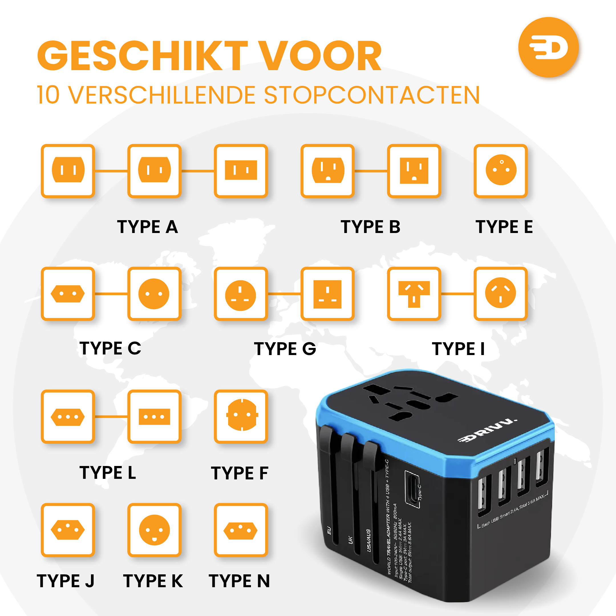 Afbeelding met de Universele Wereldstekker van Drivv. met 4 USB- en 1 USB-C Fast Charge-poorten, geschikt voor stopcontacten A, B, C, E, F, G, I, J, K & L; Nederlandse tekst benadrukt wereldwijd gebruik. Pictogrammen en kaartachtergrond zijn zichtbaar.