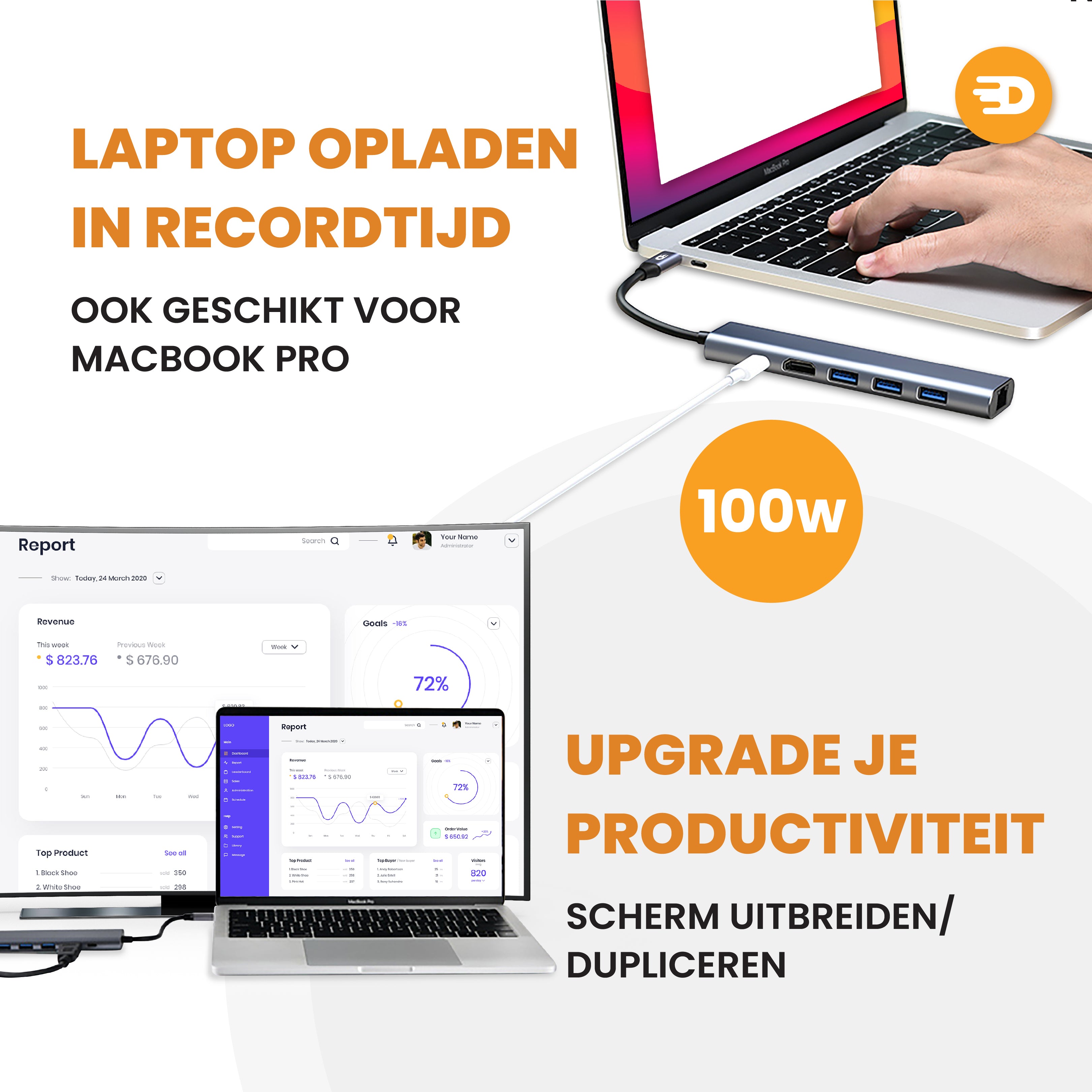 Premium USB C Hub 6 in 1 - 4K 60Hz - 1000MB ps - 100W