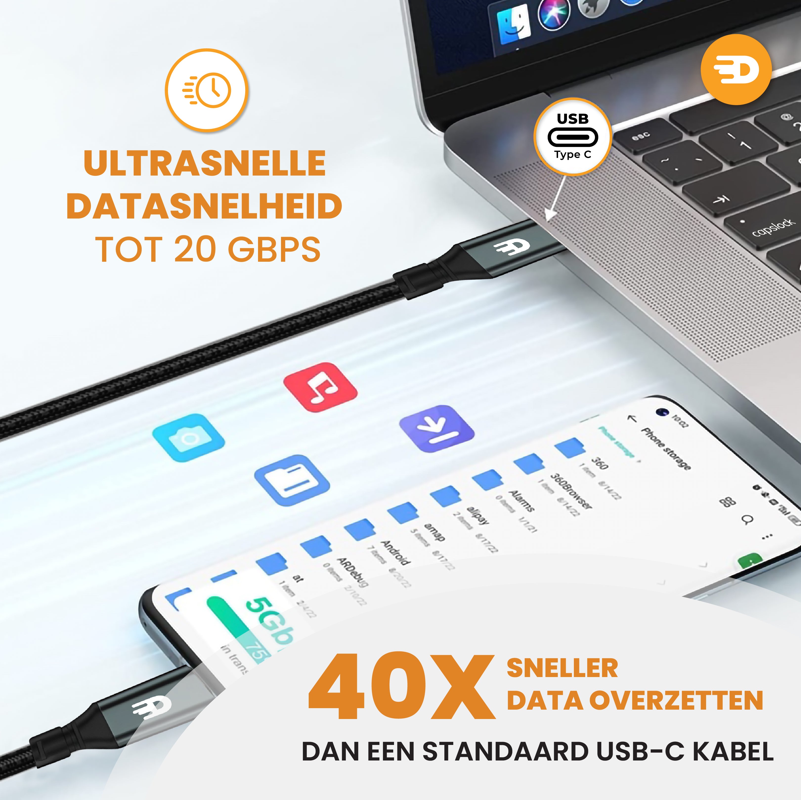 USB C naar USB C Kabel 3.2 - PD 100w - Nylon