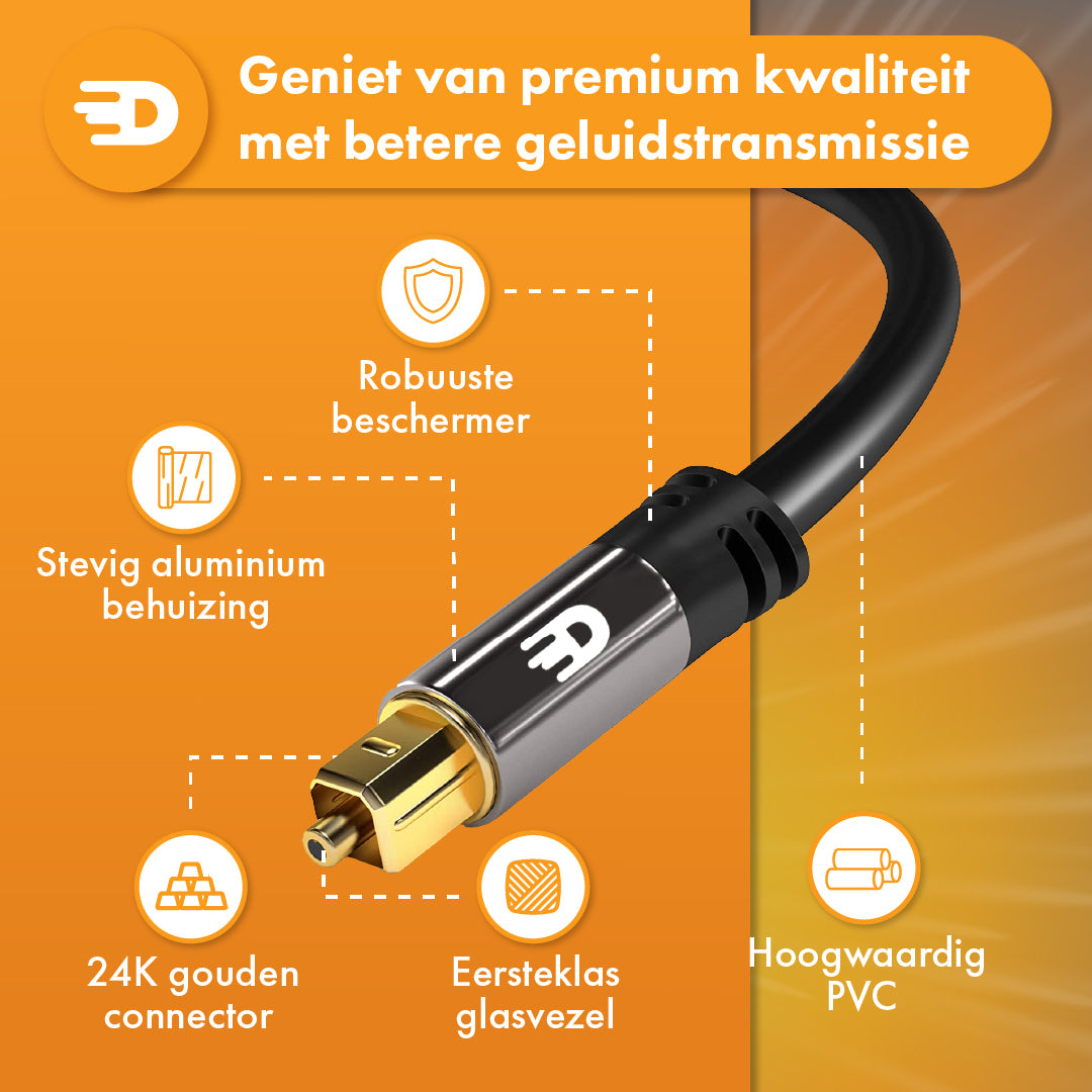 De Drivv. Premium Toslink Optische Kabel - PVC biedt kristalhelder geluid, verbeterde audio-overdracht, 24K vergulde connectoren, stevige aluminium behuizing en optische vezel voor optimaal luisterplezier.