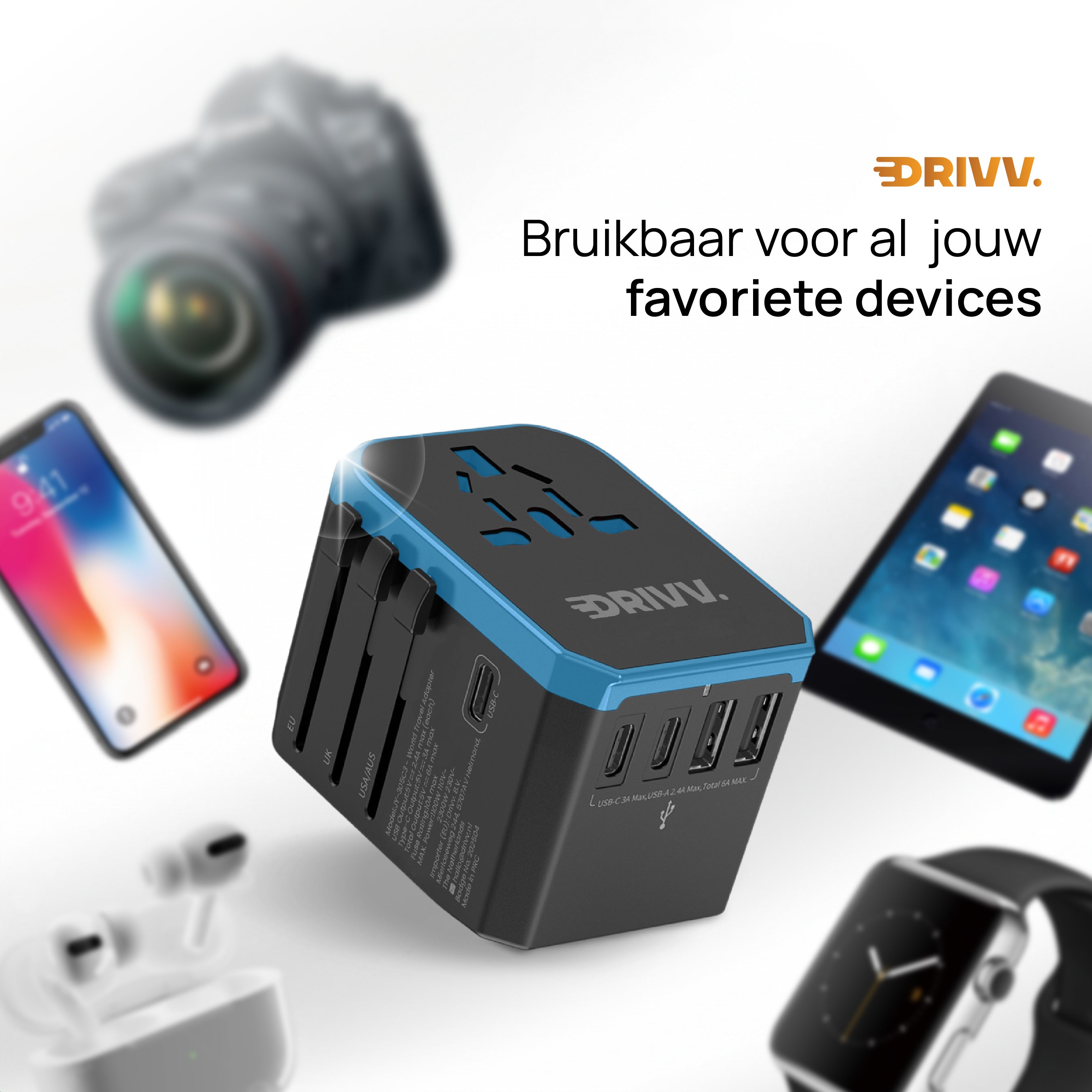 Universele Wereldstekker - 2x USB & 3x USB C Fast Charge