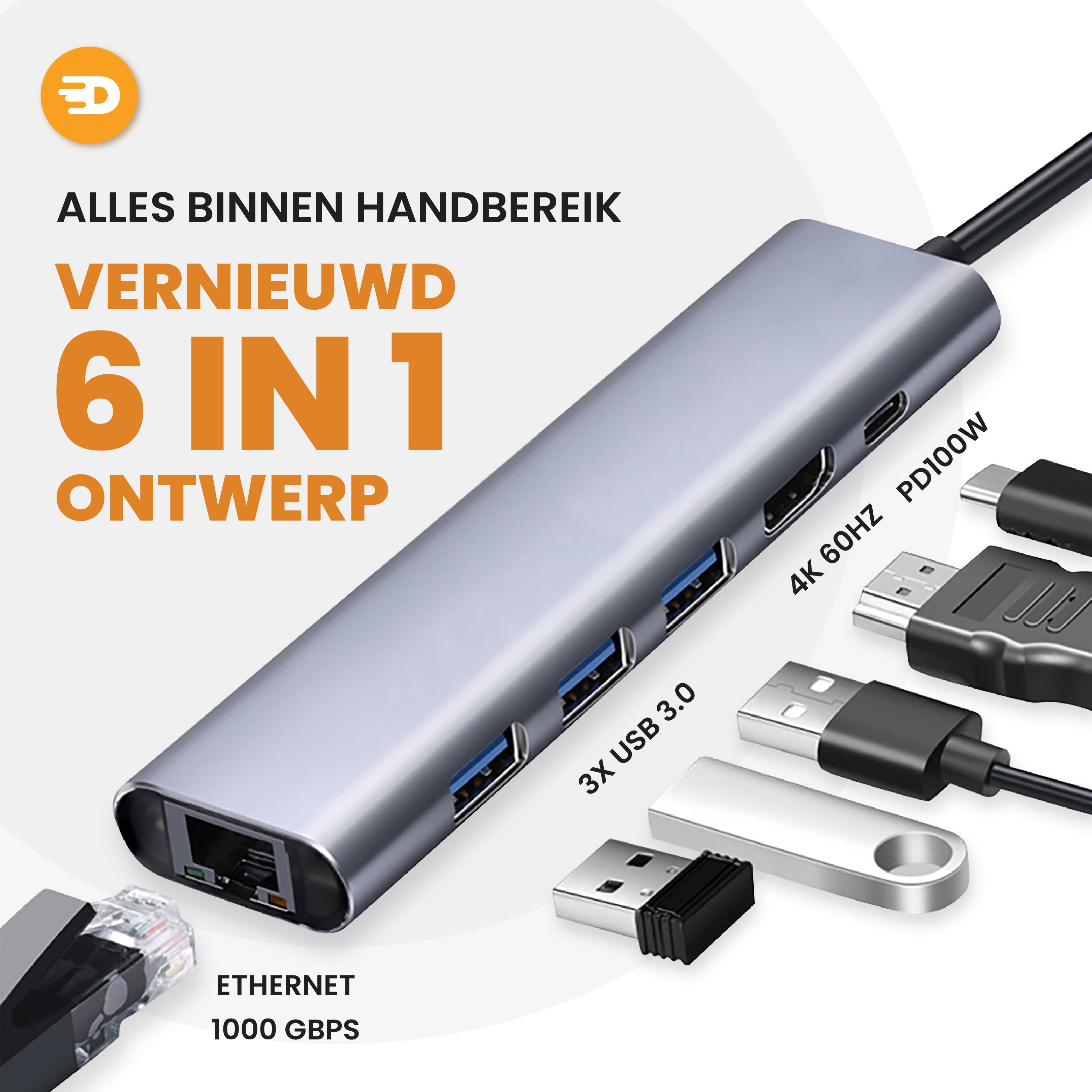 Premium USB C Hub 6 in 1 - 4K 60Hz - 1000MB ps - 100W