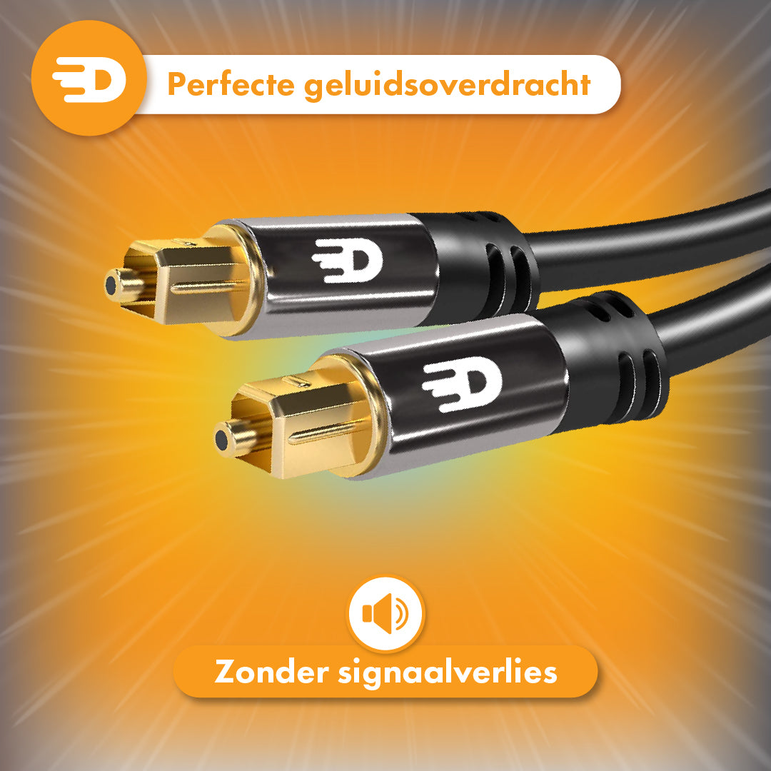 A Drivv. Premium Toslink Optische Kabel - PVC met 24K vergulde connectoren op een feloranje achtergrond. Bovenaan staat "Perfecte geluidsoverdracht", onderaan "Zonder signaalverlies" voor kristalhelder geluid.