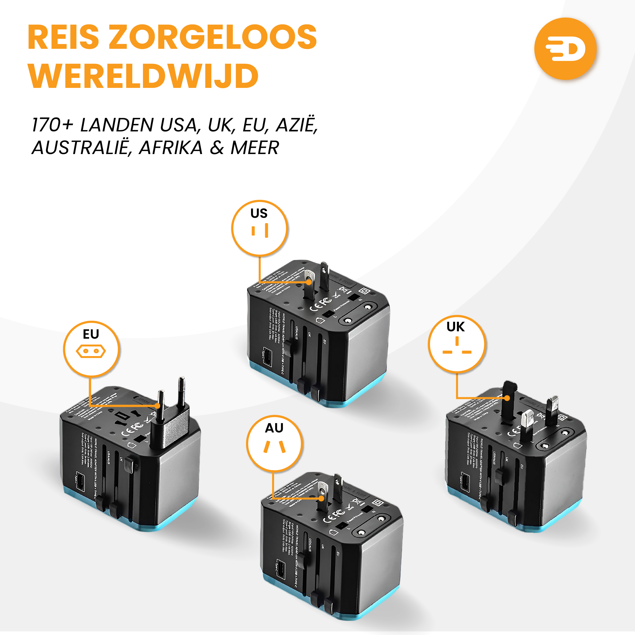 Vier Drivv. Universele Wereldstekker adapters (voor EU, US, UK, AU) liggen op een lichte ondergrond. Bovenaan benadrukt Nederlandse tekst wereldwijd gemak en USB-C Fast Charge in 170+ landen dankzij 4x USB & 1x USB C-poorten.