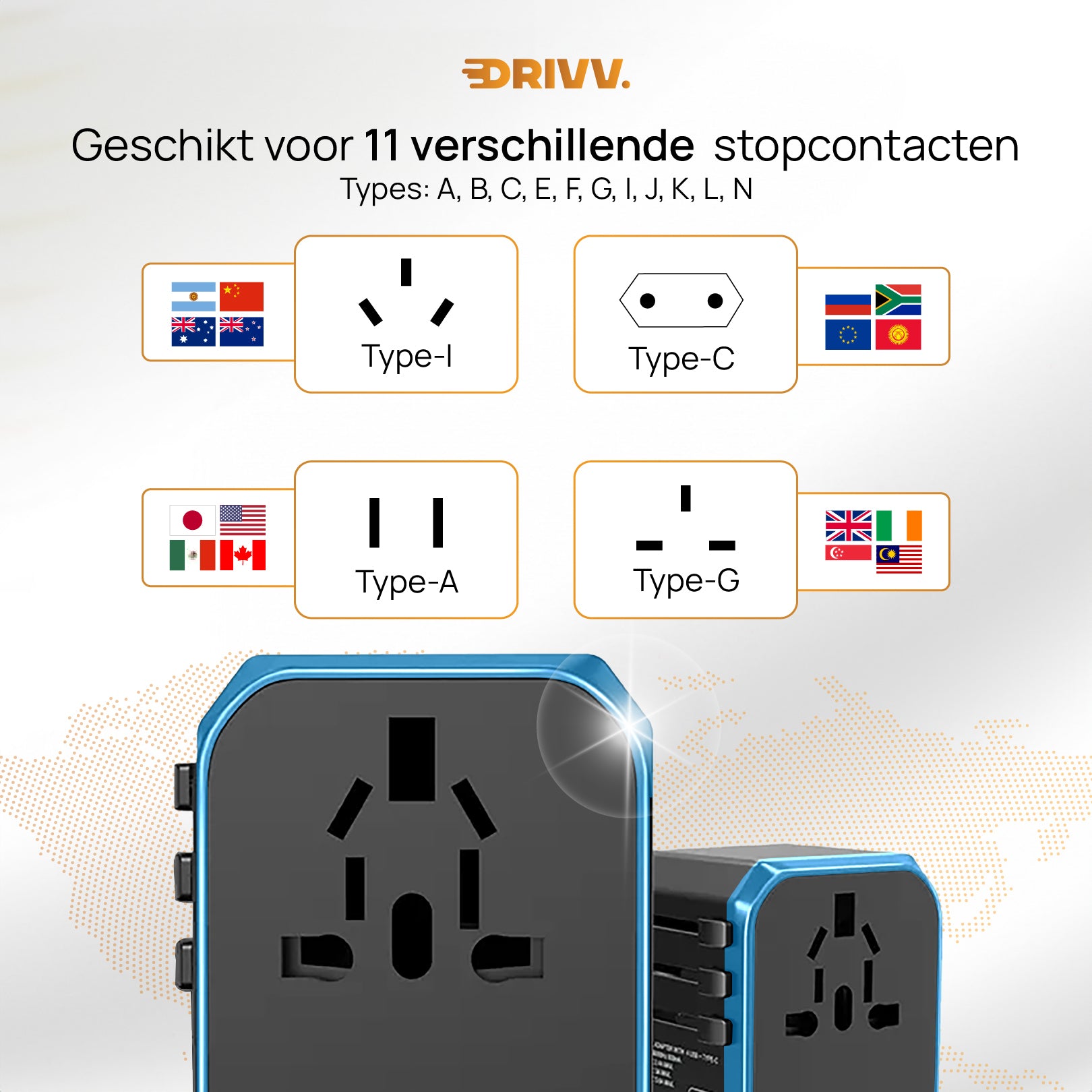 Universele Wereldstekker - 2x USB & 3x USB C Fast Charge