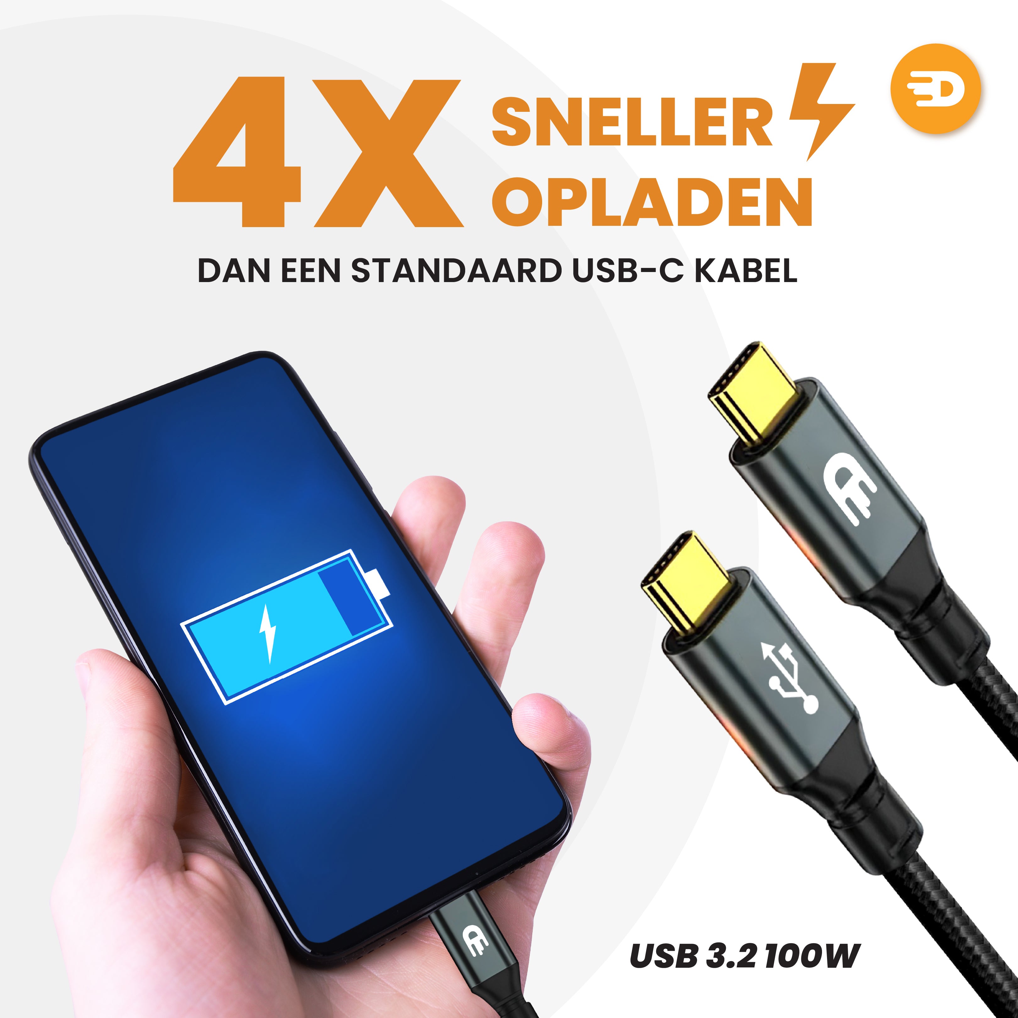 USB C naar USB C Kabel 3.2 - PD 100w - Nylon