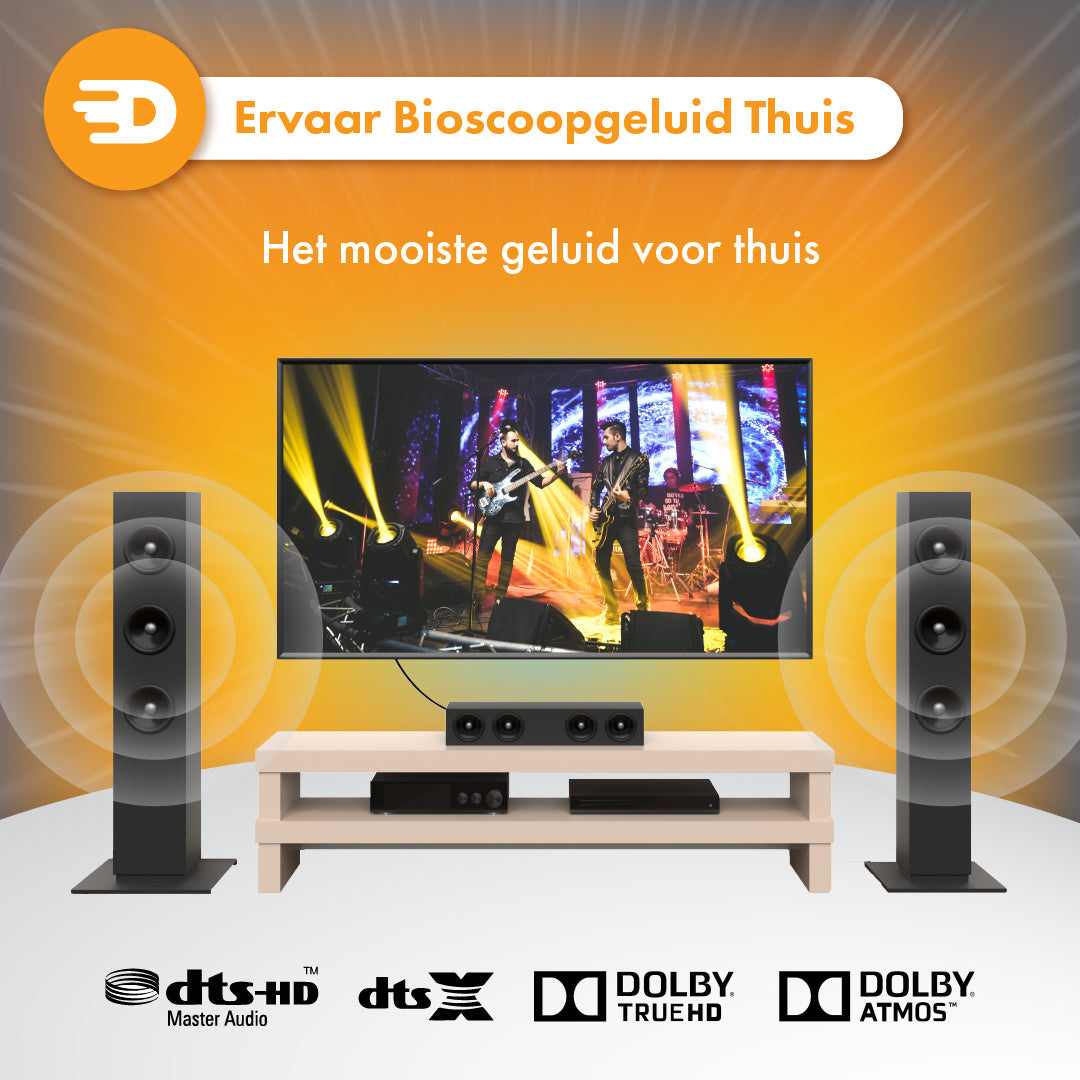 Een thuisbioscoop met de Drivv. Premium Toslink Optische Kabel - PVC verbindt twee hoge luidsprekers, een TV met een concert, een soundbar en audioapparatuur op een standaard. Nederlandse tekst benadrukt kristalhelder geluid thuis met DTS en Dolby logo&