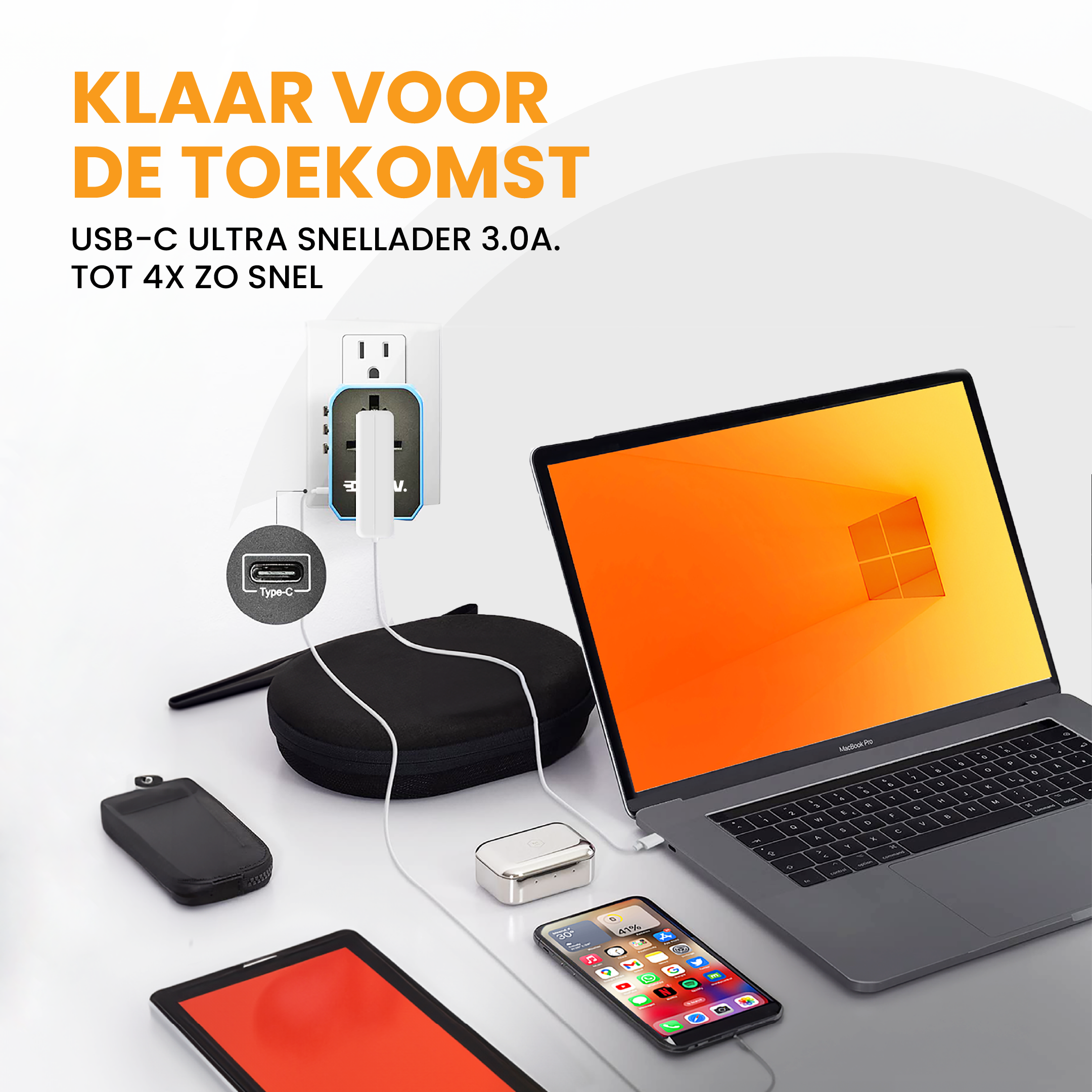 De Drivv. Universele Wereldstekker met 4x USB & 1x USB-C Fast Charge laadt tegelijk laptop, smartphone, oortjes en powerbank op. Klaar voor de toekomst. USB-C ultra snellader 3.0A. Tot 4x zo snel.