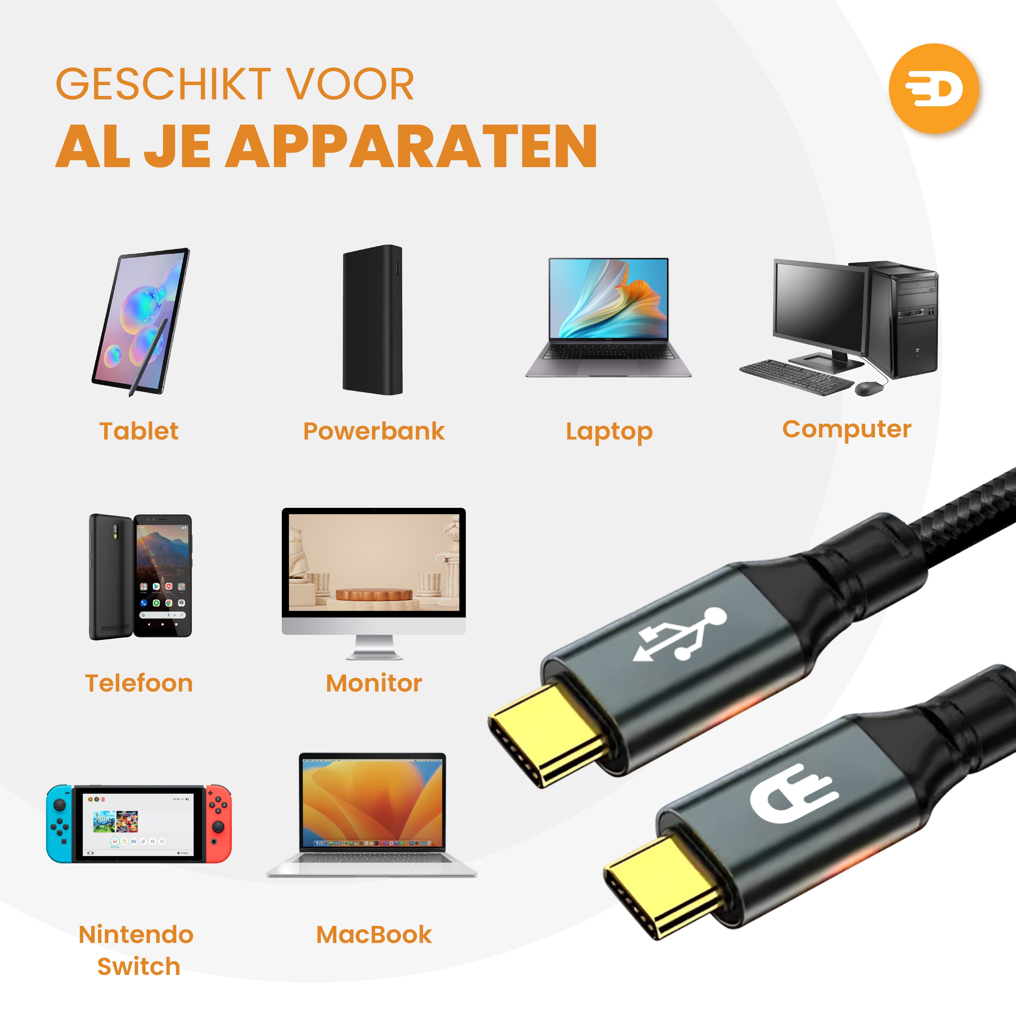 USB C naar USB C Kabel 3.2 - PD 100w - Nylon