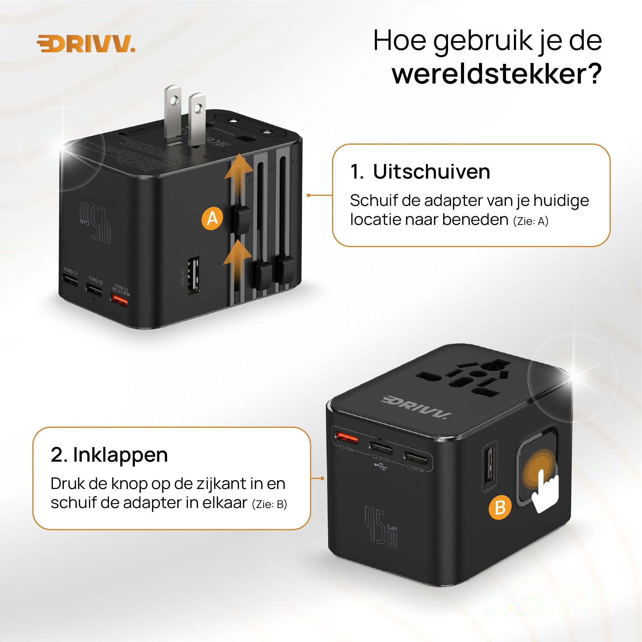 Universele Wereldstekker - 2x USB & 3x USB C 45W Fast Charge