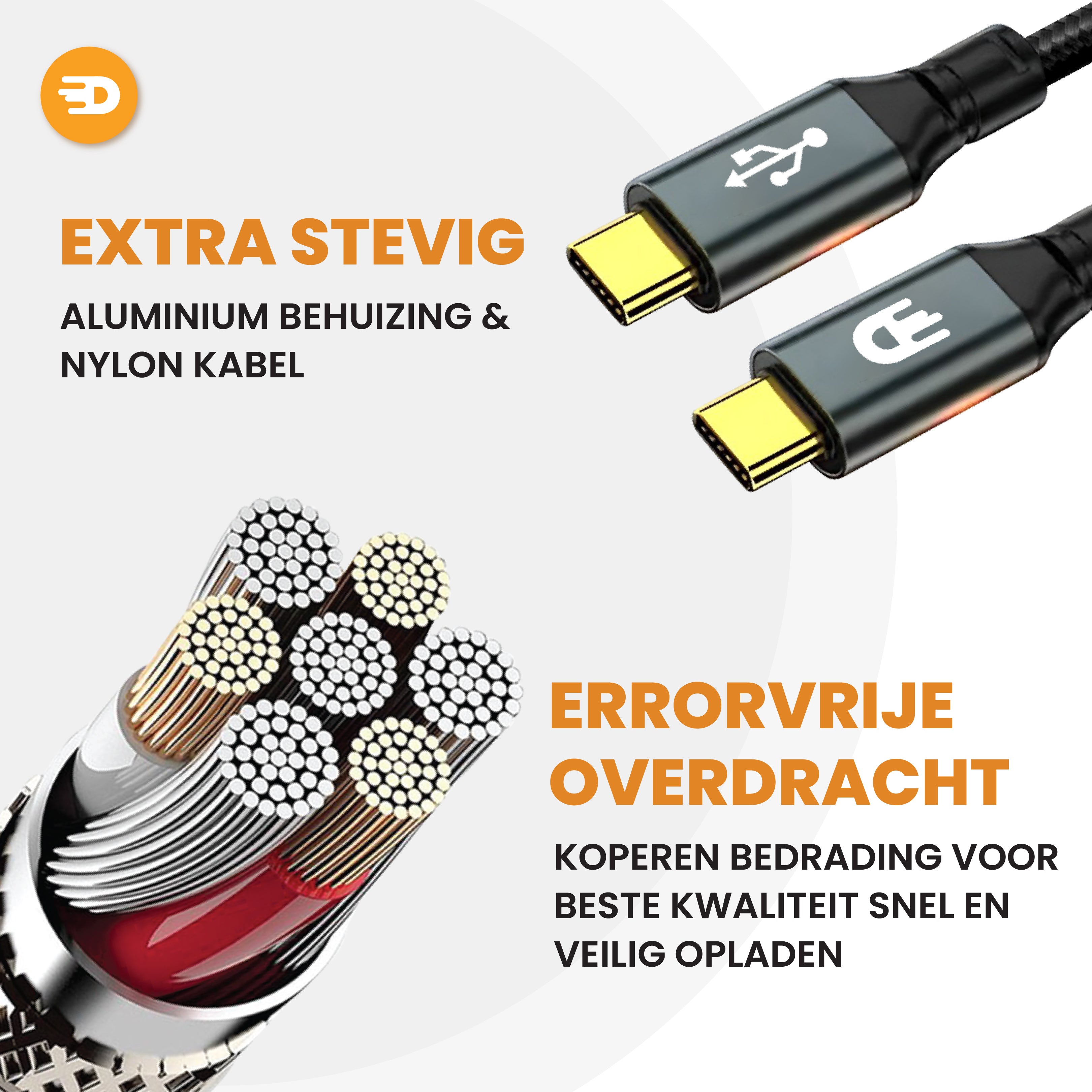 USB C naar USB C Kabel 3.2 - PD 100w - Nylon