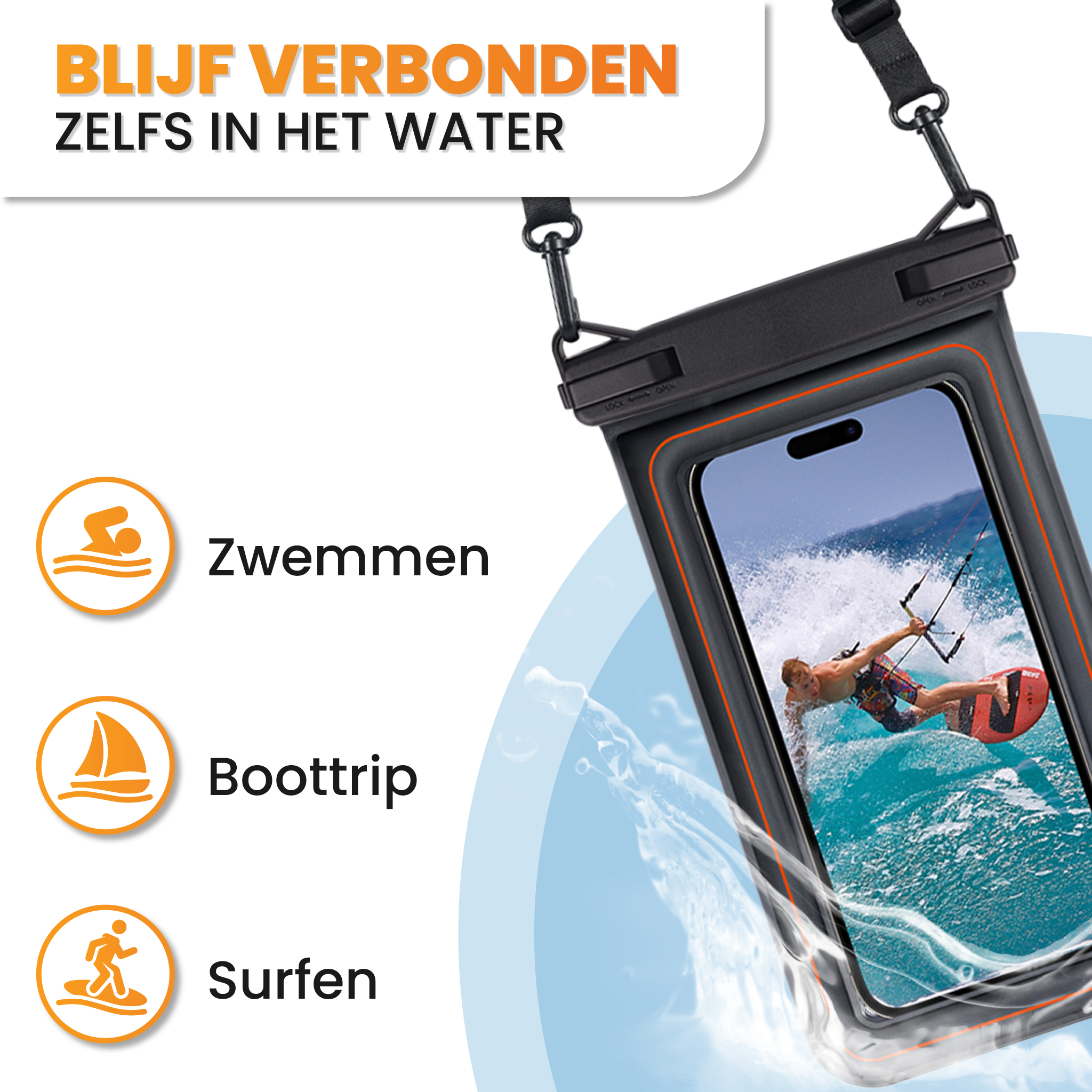 Het Drivv. Waterdicht Telefoonhoesje Drijvend beschermt je mobiel met IPX-8 waterdichtheid en drijvend ontwerp. Blijf verbonden tijdens het zwemmen, varen of surfen in het water!.
