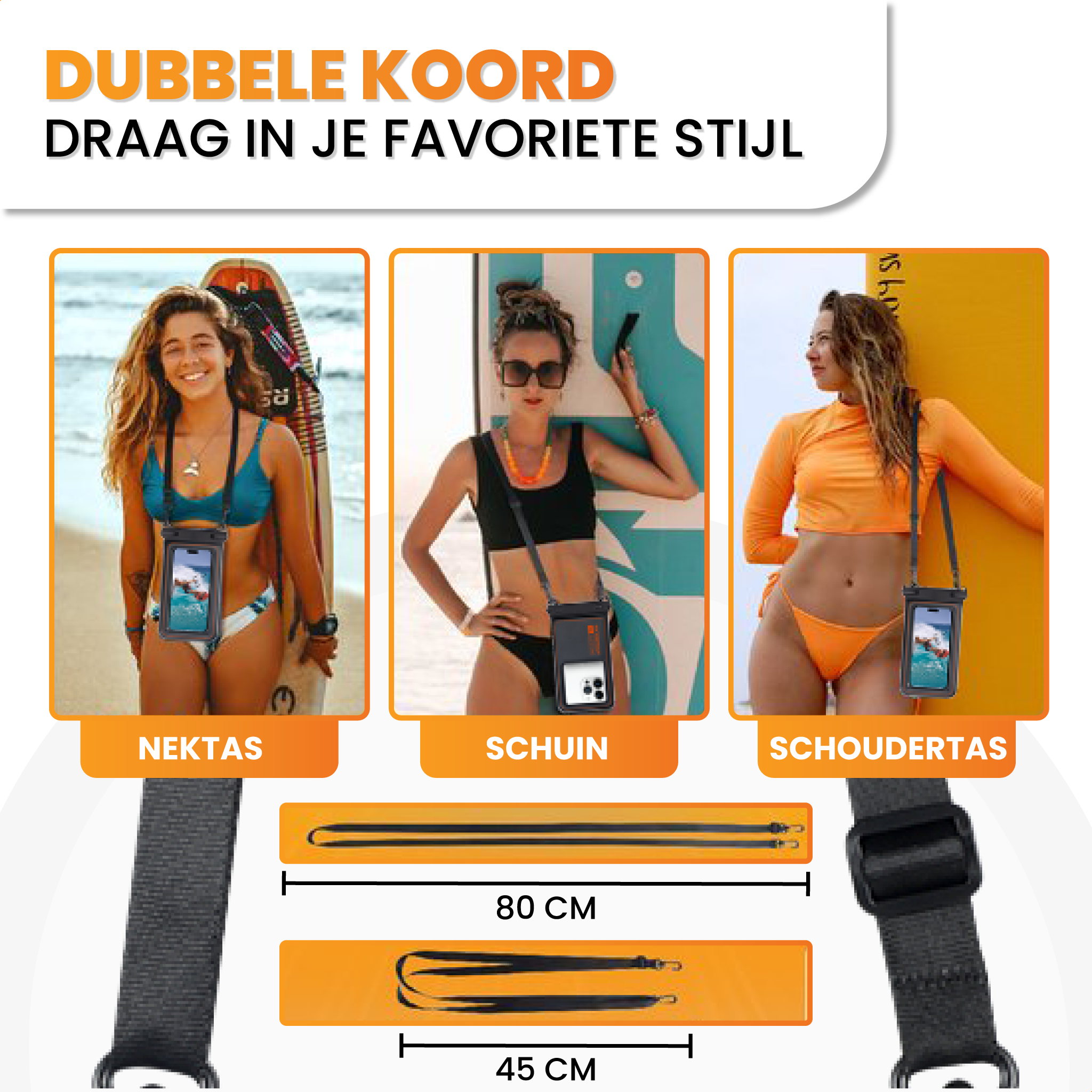 Drie vrouwen tonen het Drivv. Waterdicht Telefoonhoesje Drijvend-draagbaar om de nek, schuin of over de schouder. IPX-8 waterdicht, touchscreen & Face ID vriendelijk. Close-ups van het verstelbare bandje en afmetingen te zien.