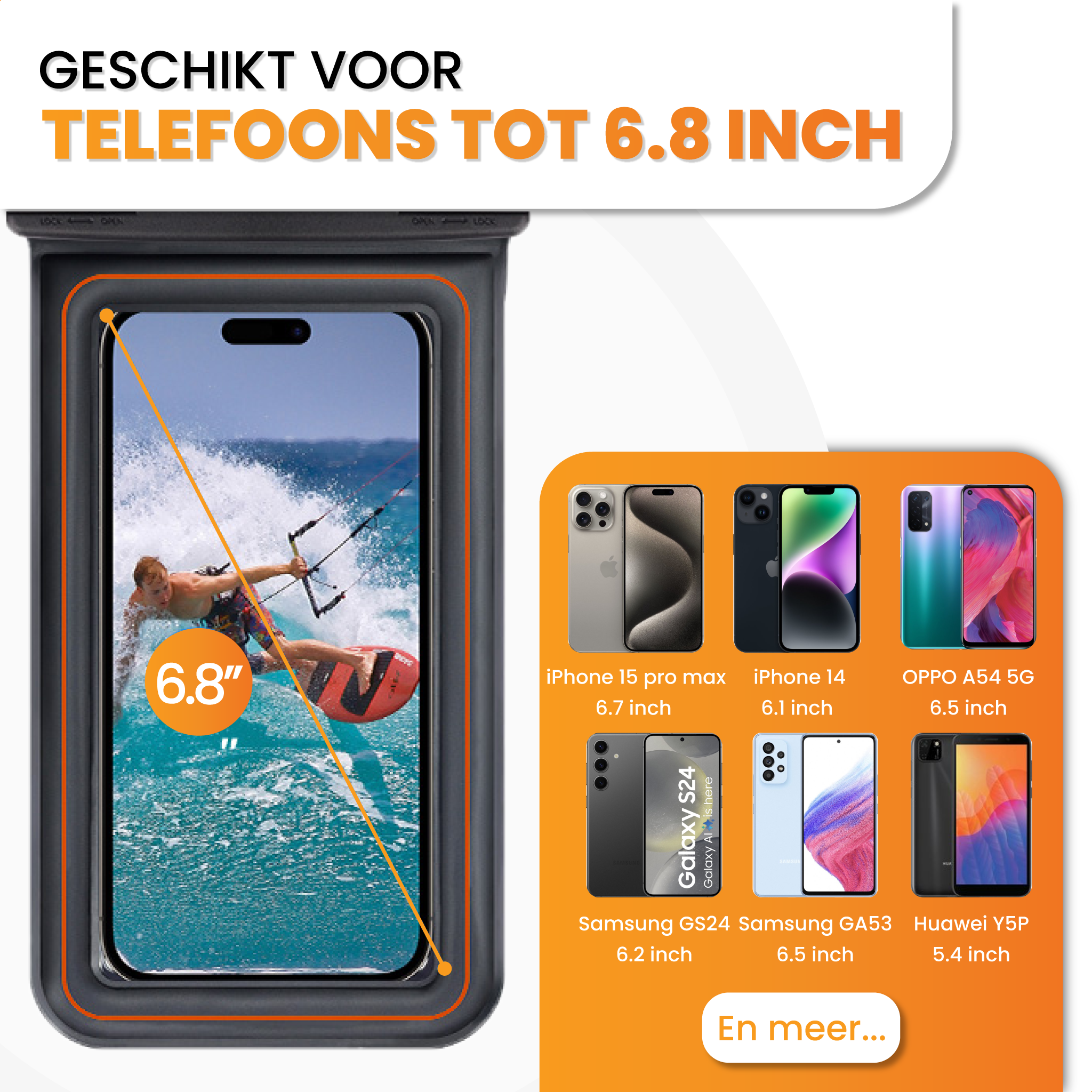 Het Drivv. Waterdicht Telefoonhoesje Drijvend met IPX-8 waterdichtheid is geschikt voor telefoons tot 6,8 inch (o.a. iPhone, Samsung, OPPO). Toont een foto van een vrouw die winderig is. Touchscreen & Face ID werken gewoon.