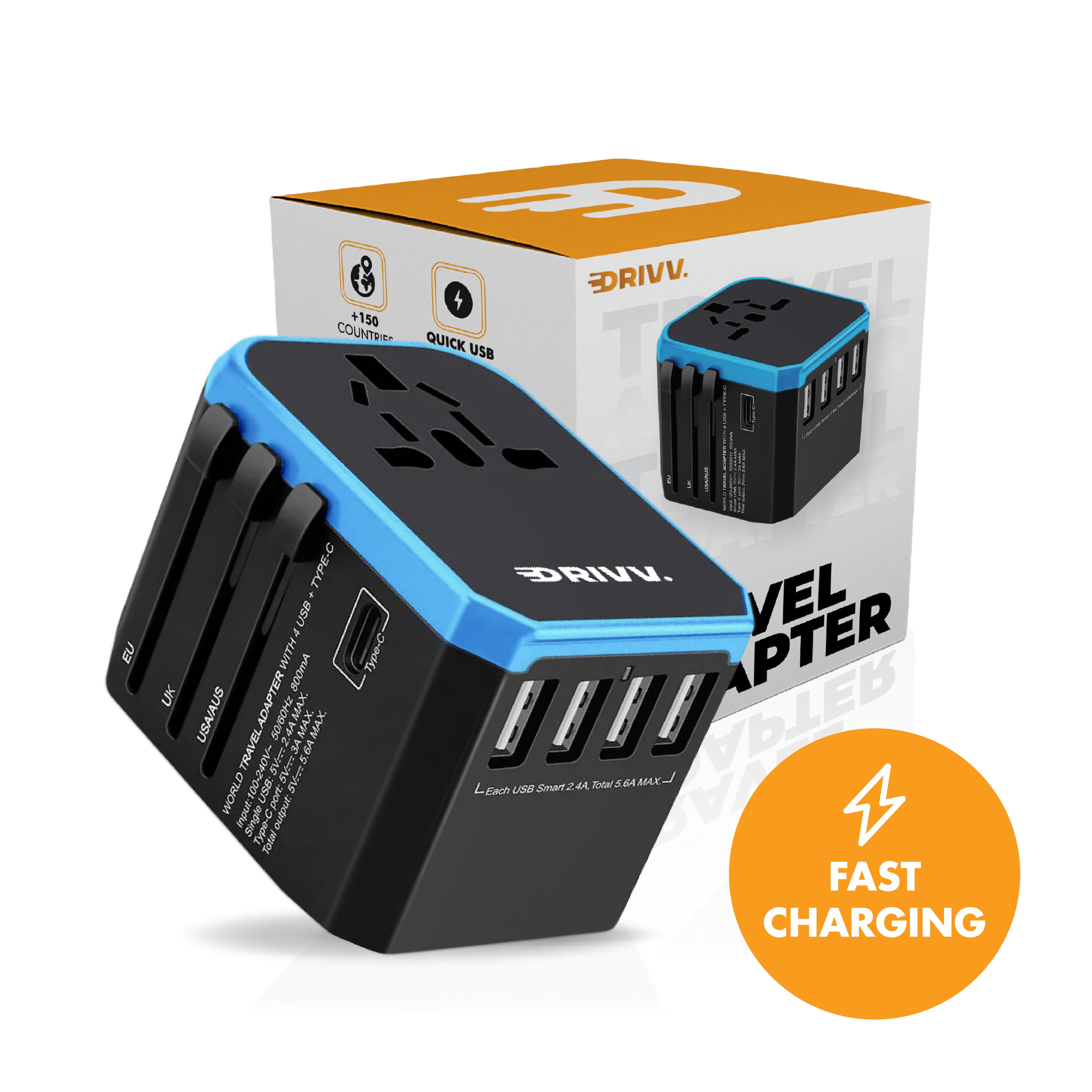 Universele Wereldstekker van Drivv. met 4x USB en 1x USB-C Fast Charge, geschikt voor wereldwijd gebruik. De adapter en verpakking tonen het merk, met oranje cirkel voor Fast Charge Technologie.