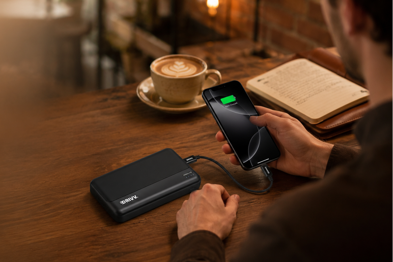 Telefoon wordt opgeladen met Drivv. powerbank 20000 mah