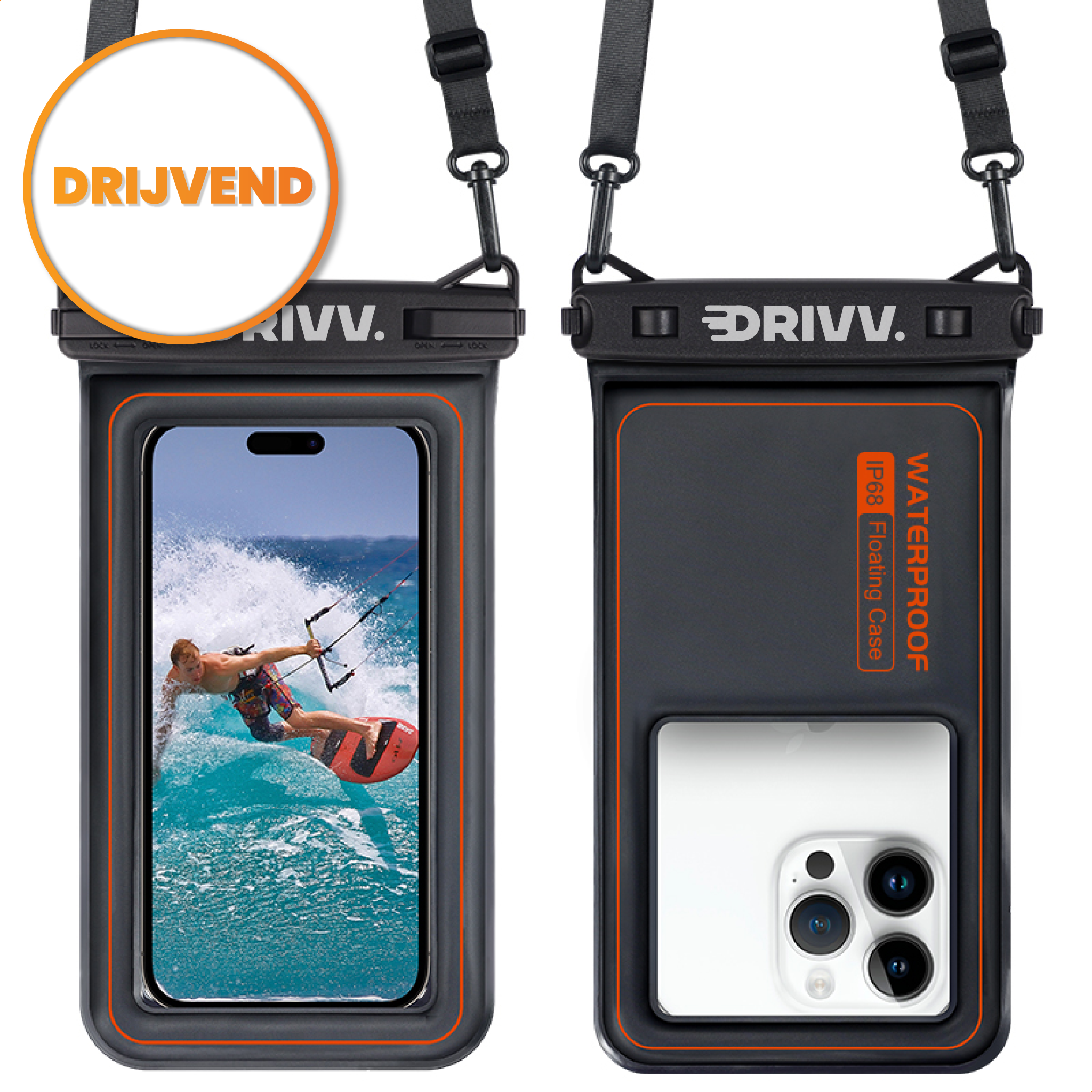 Een Drivv. Waterdicht Telefoonhoesje Drijvend met lanyards zijn voorzien van het oranje Drivv. logo. Met IPX-8 waterdichtheid zijn ze ideaal voor kitesurfen en ondersteunen ze touchscreen & Face ID-gebruik.