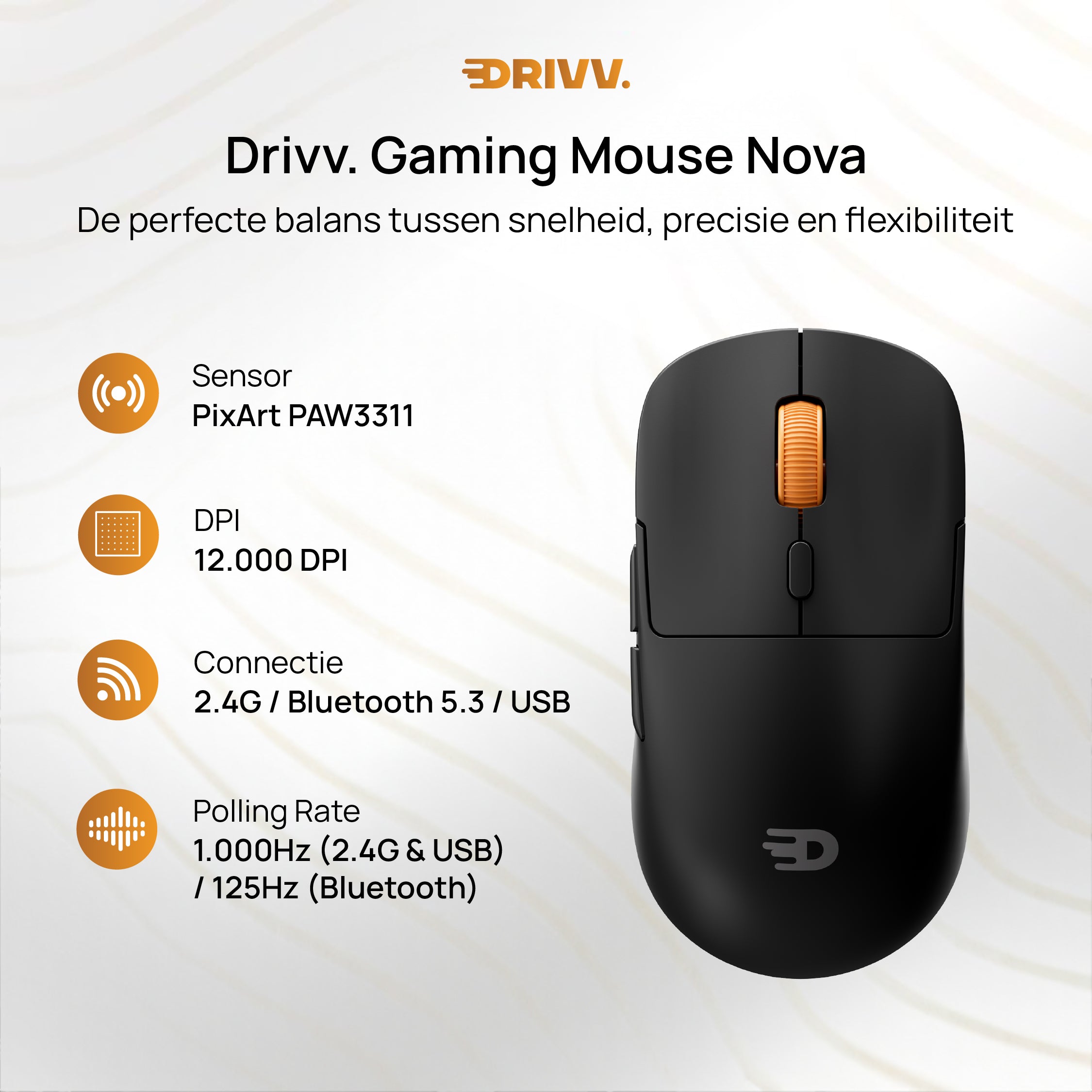 Gaming Muis Nova Draadloos - 63g ultralicht, PAW3311, 12.000 DPI