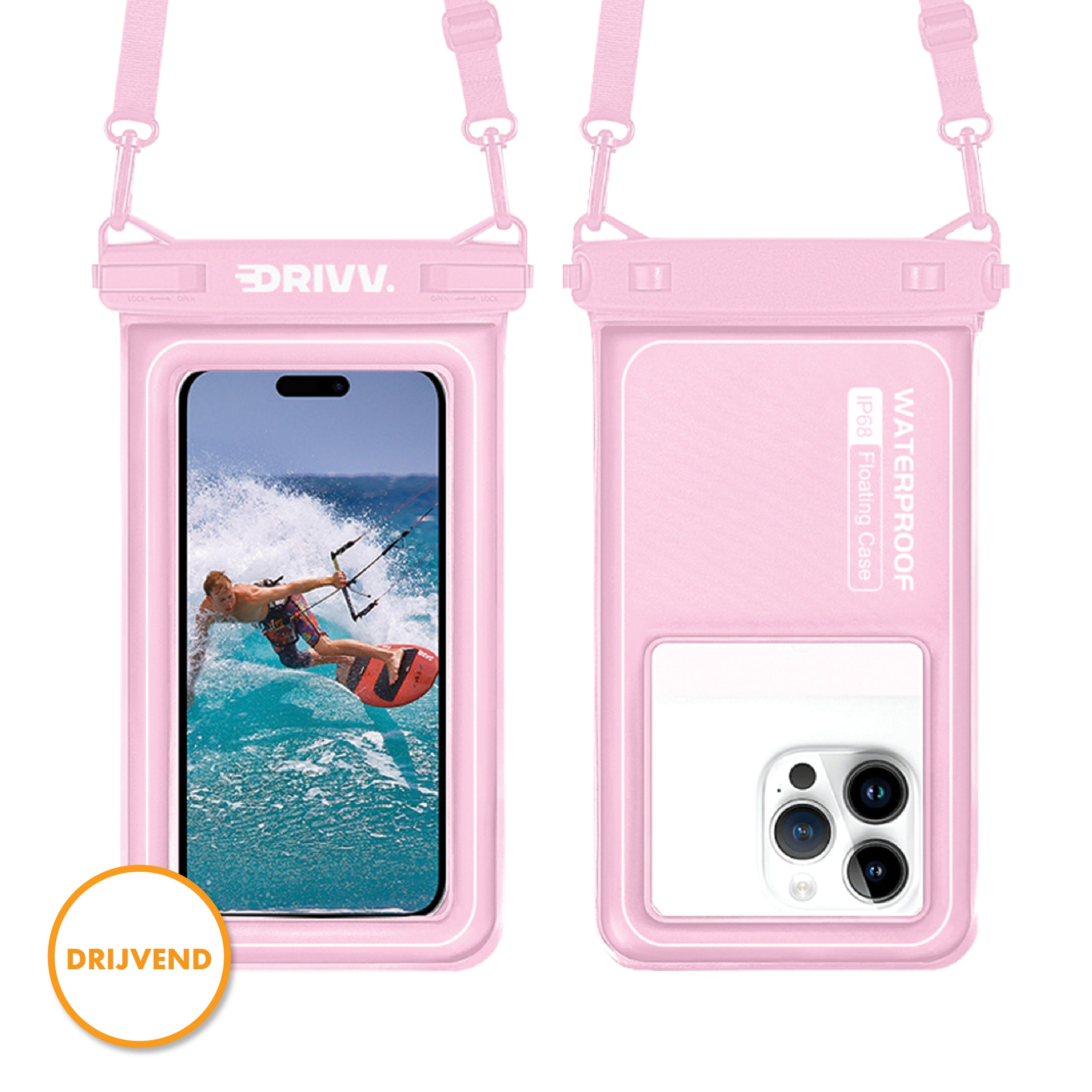 Het Drivv. Waterdicht Telefoonhoesje Drijvend in roze heeft een helder cameravenster, touchscreen & Face ID-ondersteuning, een nekband en het DRIVVEND-logo. Het hoesje toont een telefoon met een kitesurfer op het scherm en biedt betrouwbare waterdichte bescherming.