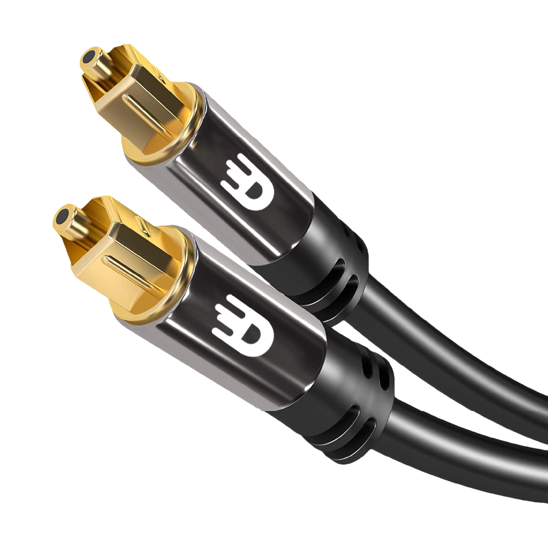 Set van twee zwarte Drivv. Premium Toslink Optische Kabel - PVC met 24K vergulde connectoren, metalen behuizing, vergulde Toslink connectoren en een wit Drivv. logo op elke connector voor kristalhelder geluid.