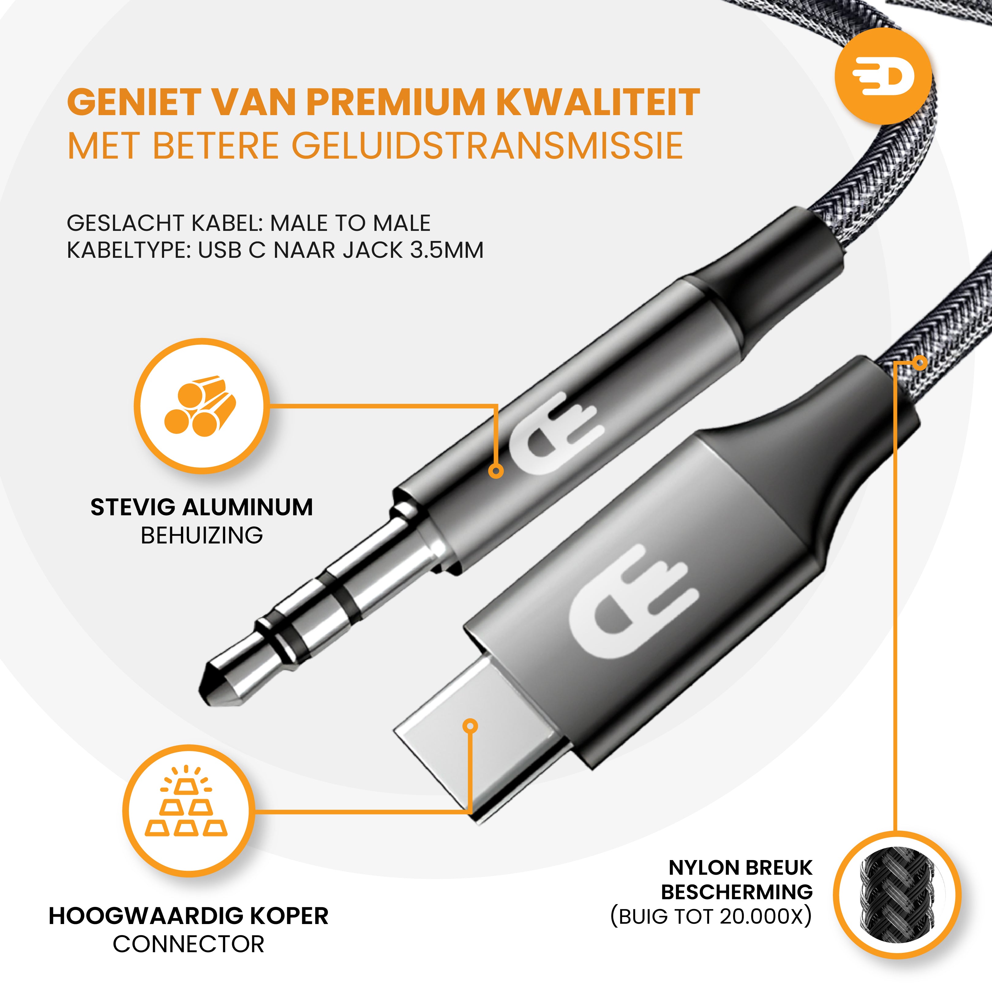 Premium USB C naar AUX Kabel - 1 meter