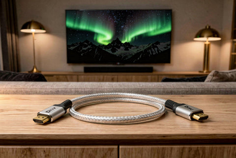 Zilveren gevlochten HDMI 2.1 kabel van Drivv. voor een OLED tv met noorderlicht op het scherm