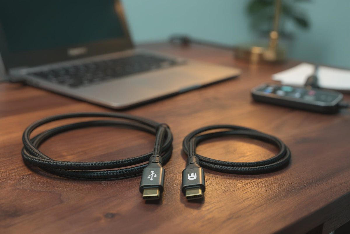 Twee gevlochten USB-C naar USB-C kabels van Drivv. op een houten bureau, met een laptop op de achtergrond