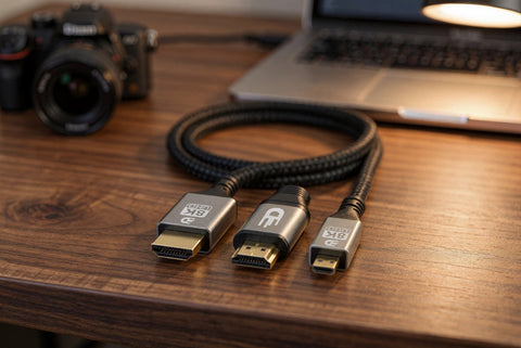 Soorten HDMI kabels van Drivv. naast elkaar: standaard HDMI en micro HDMI stekkers op een houten bureau