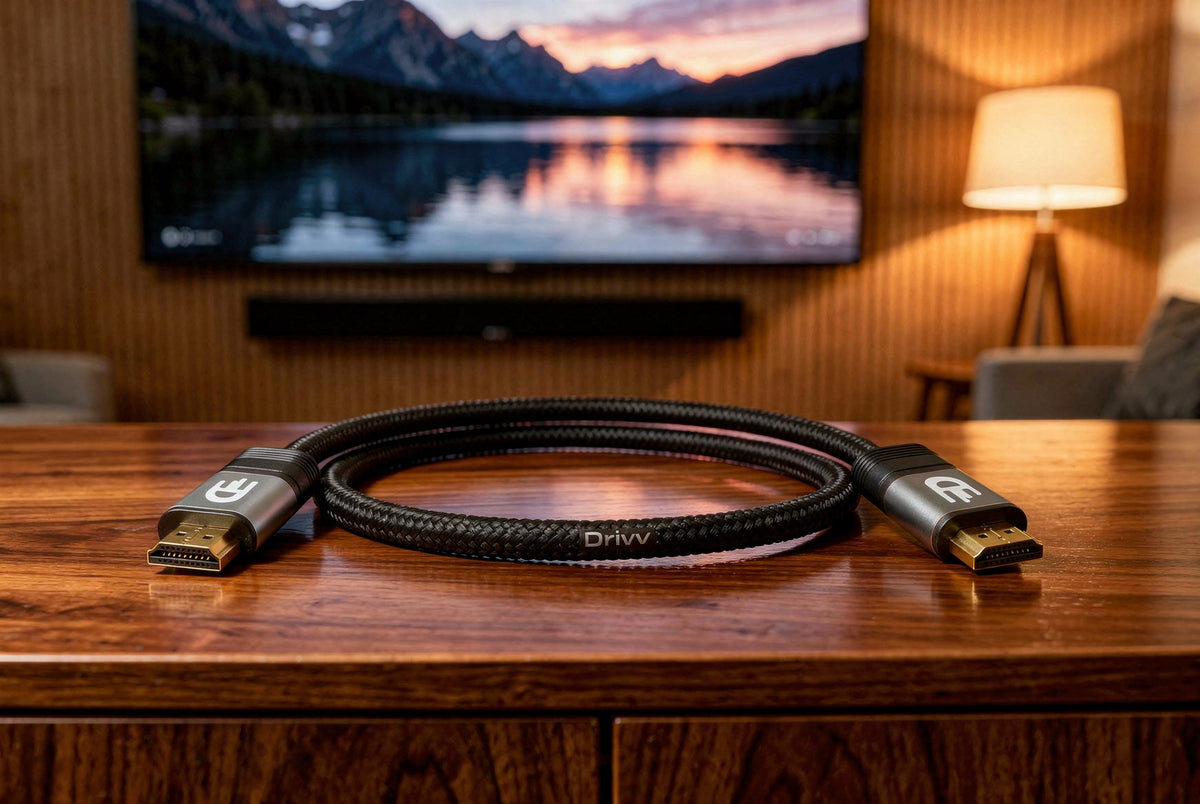 HDMI kabel van Drivv. met vergulde stekkers op een houten tv-meubel, met een tv en soundbar in de woonkamer op de achtergrond