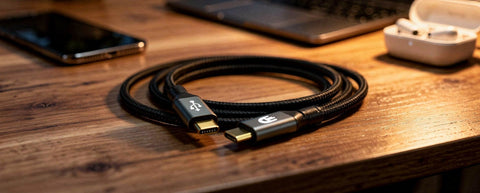 Zwarte gevlochten USB-C kabel van Drivv. op een houten bureau, met een laptop, telefoon en oordopjes op de achtergrond