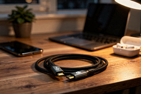 Zwarte gevlochten USB-C naar USB-C kabel van Drivv. op een houten bureau met laptop, smartphone en oordopjes