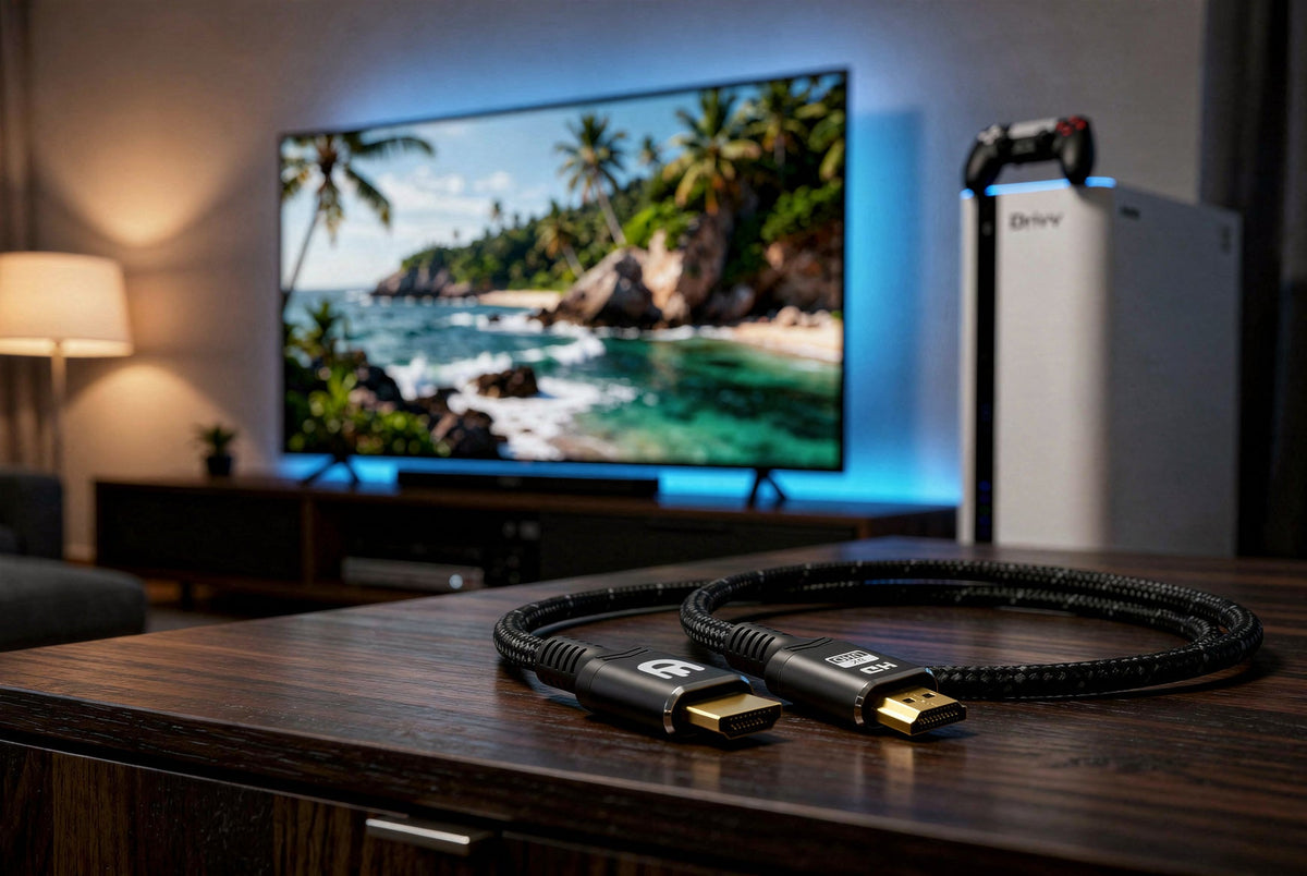 Zwarte gevlochten HDMI kabel van Drivv. voor 4K op een tv-meubel, met een 4K tv en spelcomputer op de achtergrond
