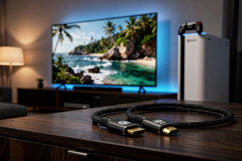 Zwarte gevlochten HDMI kabel van Drivv. voor 4K op een tv-meubel, met een 4K tv en spelcomputer op de achtergrond