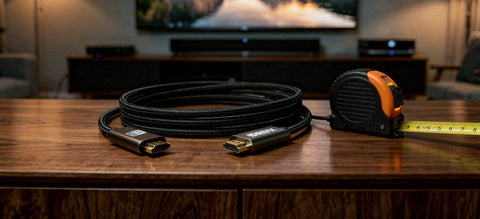 Zwarte gevlochten HDMI kabel van Drivv. naast een rolmaat op een tv-meubel, met een tv in de woonkamer op de achtergrond