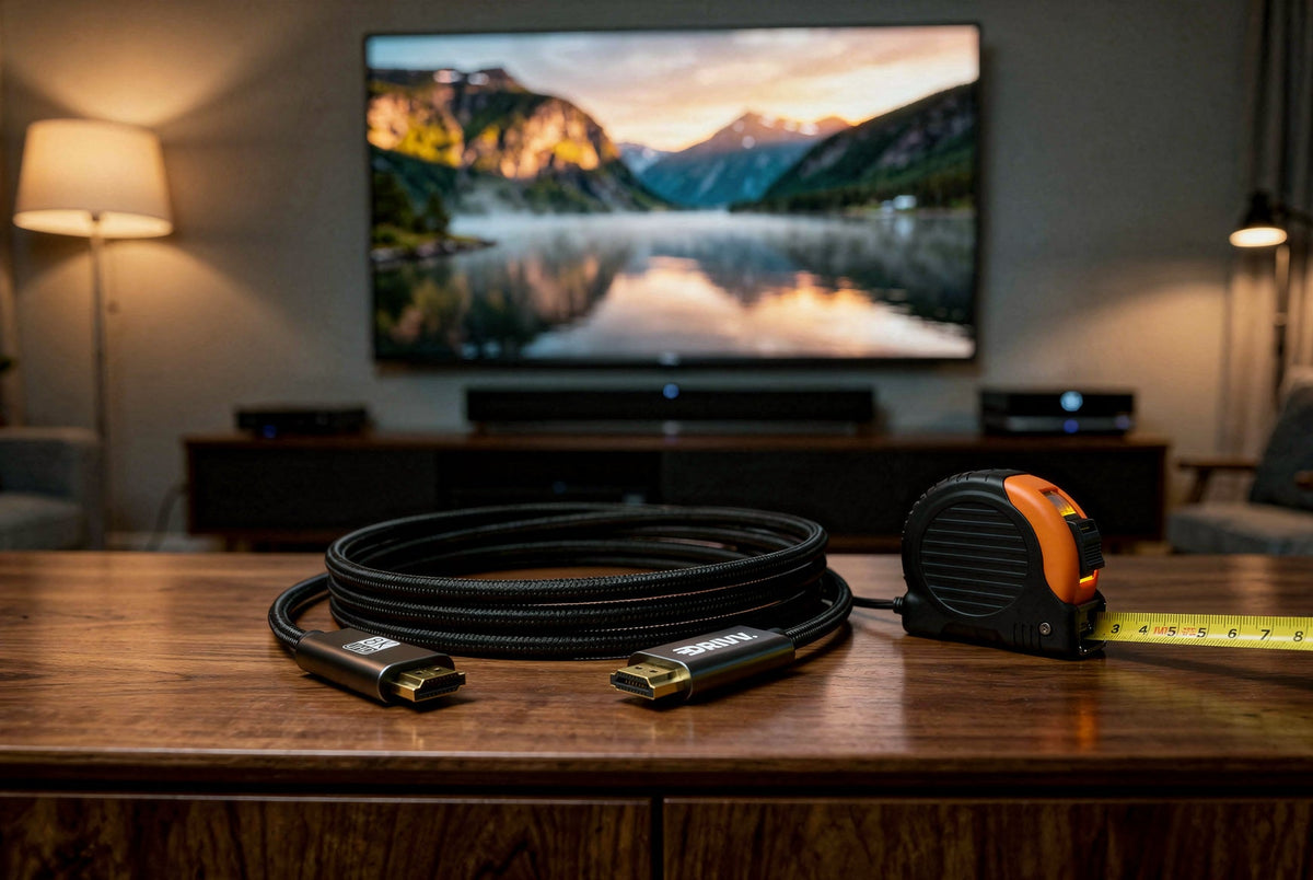 Opgerolde zwarte HDMI kabel van Drivv. met rolmaat op een tv-meubel, met een tv in de woonkamer op de achtergrond