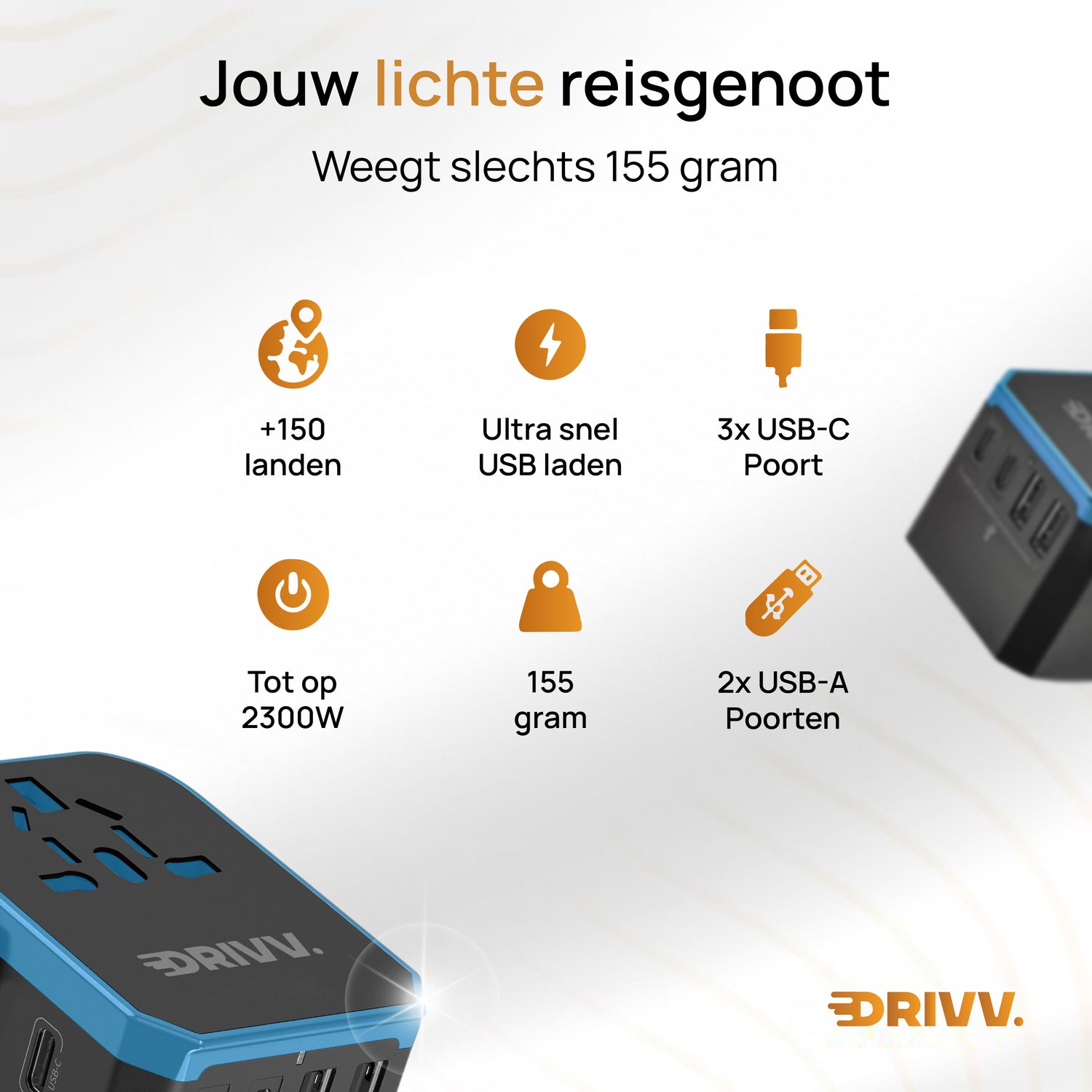 Universele Wereldstekker - 2x USB &amp; 3x USB C Fast Charge
