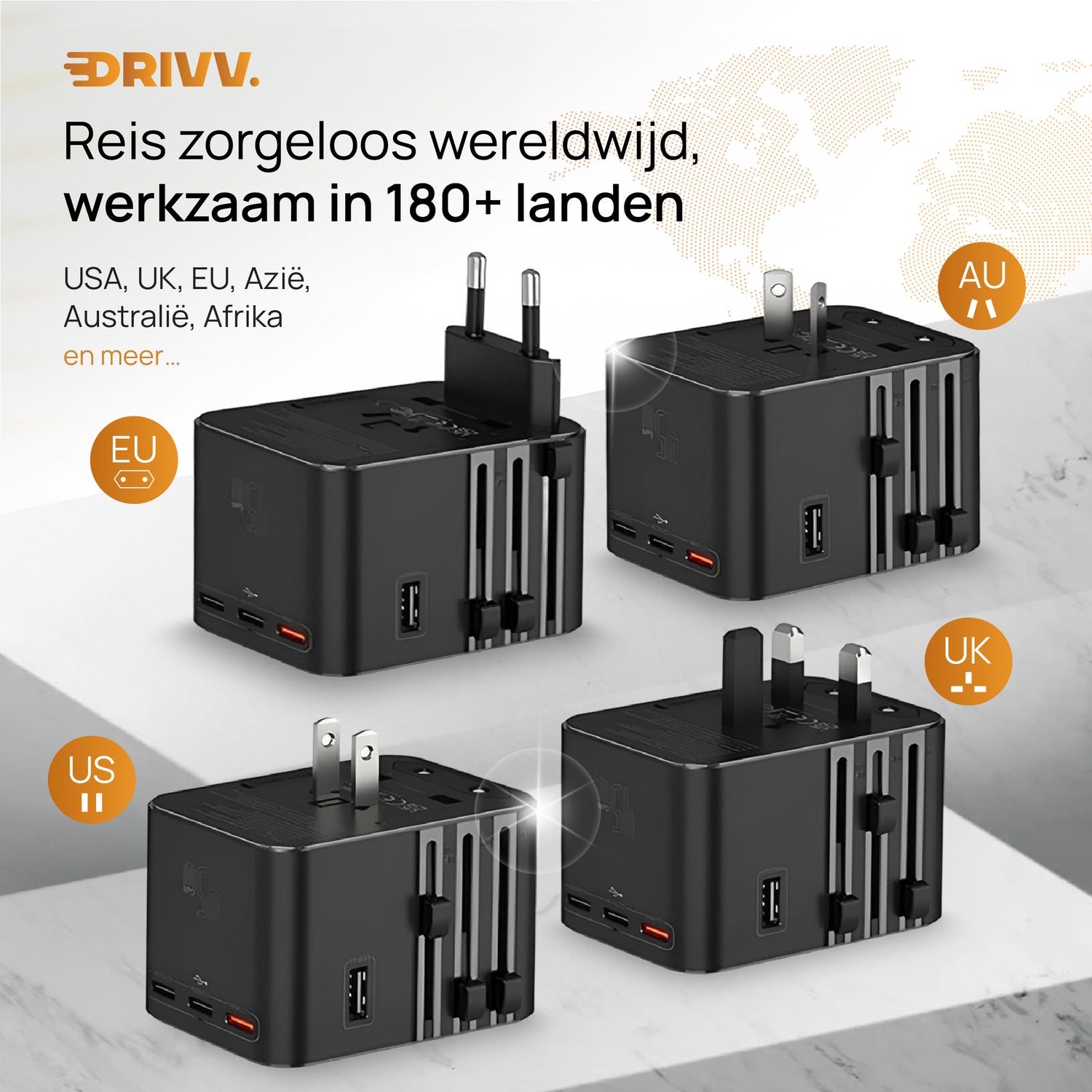 Universele Wereldstekker - 2x USB &amp; 3x USB C 45W Fast Charge