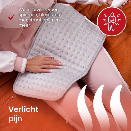 Seranova Elektrisch Warmtekussen voor Rug, Voeten, Nek, Schouders, Buik - Heating Pad - Verwarmingskussen - Wasmachine - 60x30cm - Lichtgrijs