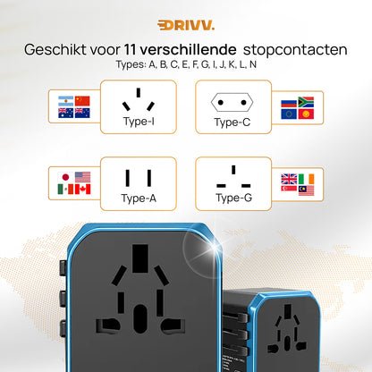 Universele Wereldstekker - 2x USB &amp; 3x USB C Fast Charge
